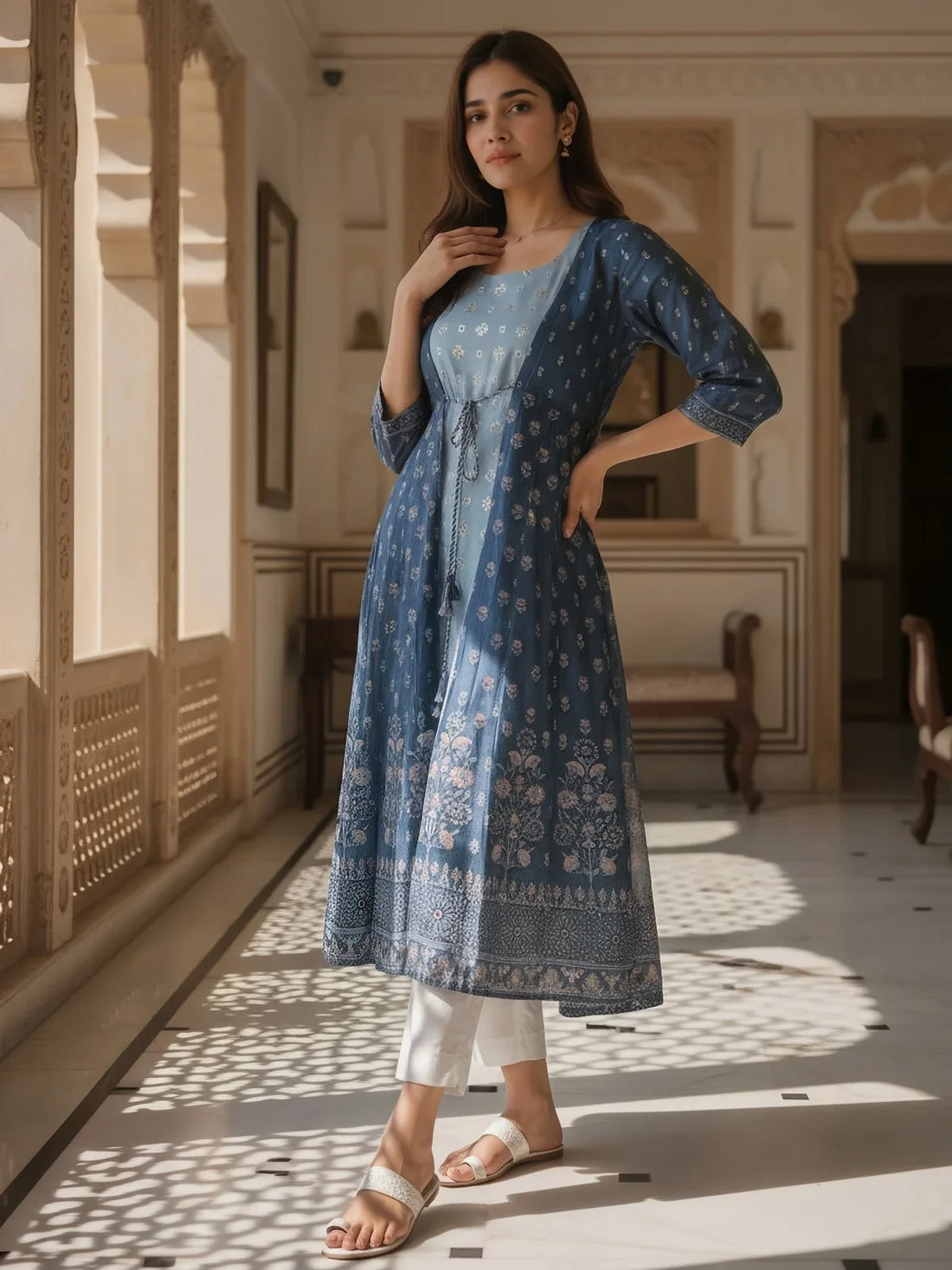 Buy Poly Viscose Printed Layered Calf Length Kurta-Teal