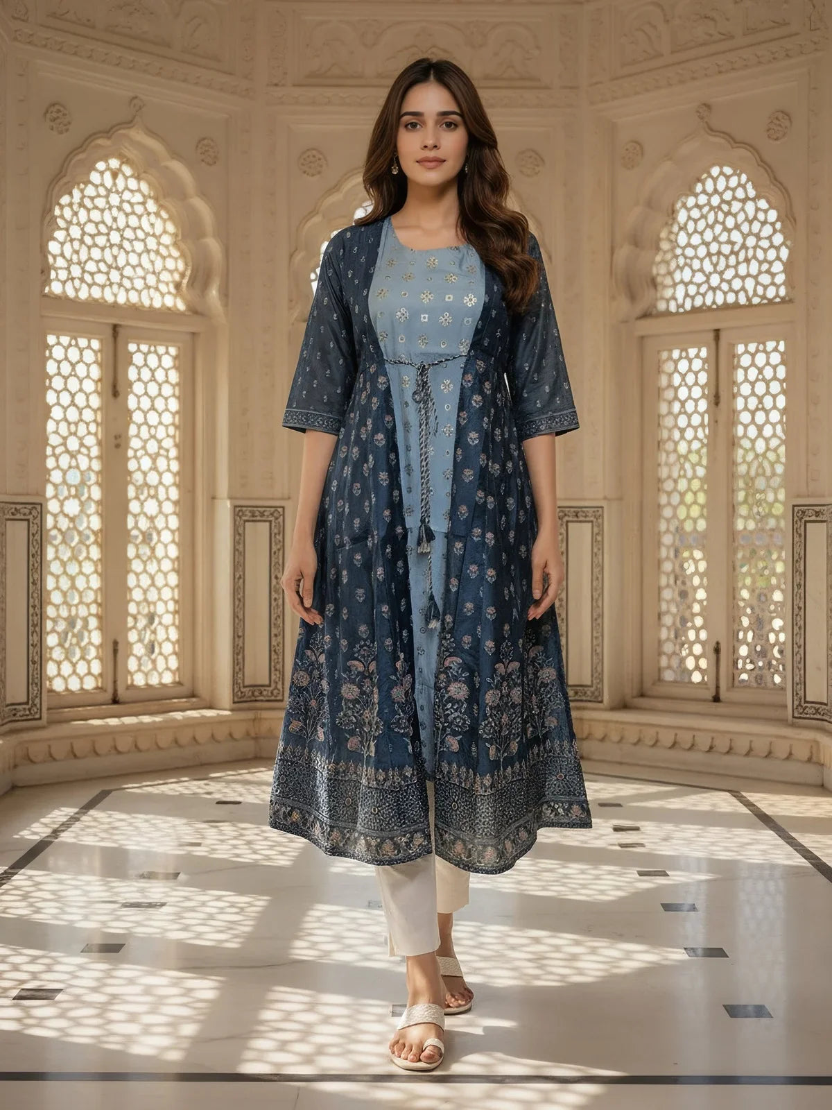 Buy Poly Viscose Printed Layered Calf Length Kurta-Teal