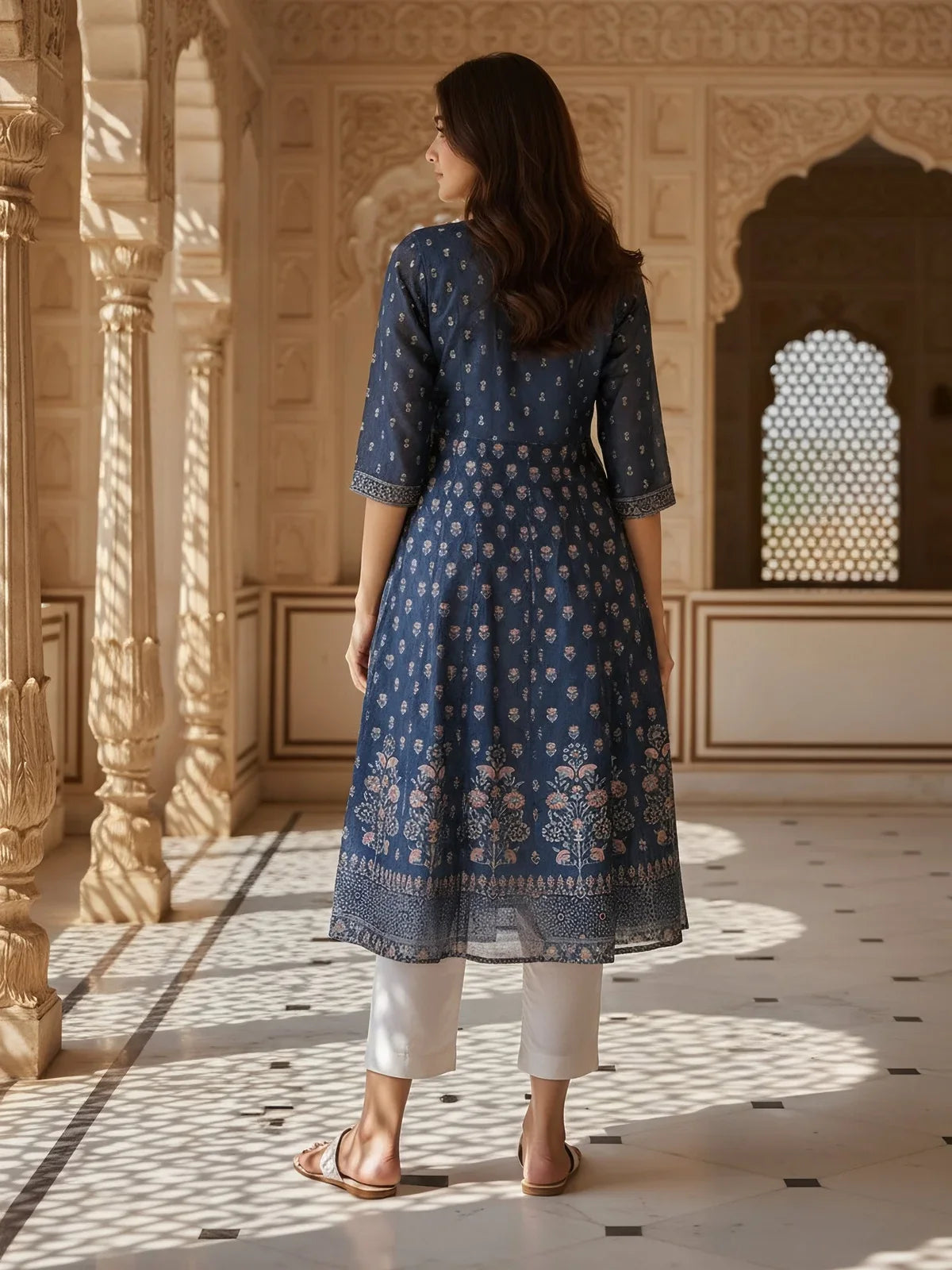 Buy Poly Viscose Printed Layered Calf Length Kurta-Teal