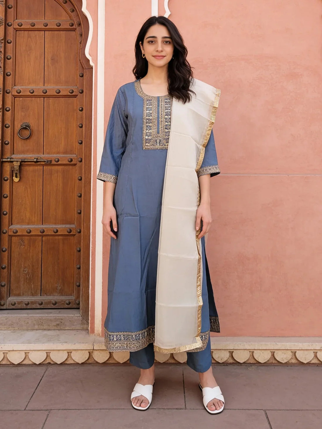 Buy Poly Viscose Embroidered Anarkali Calf Length Kurta with Pant and Dupatta-Grey
