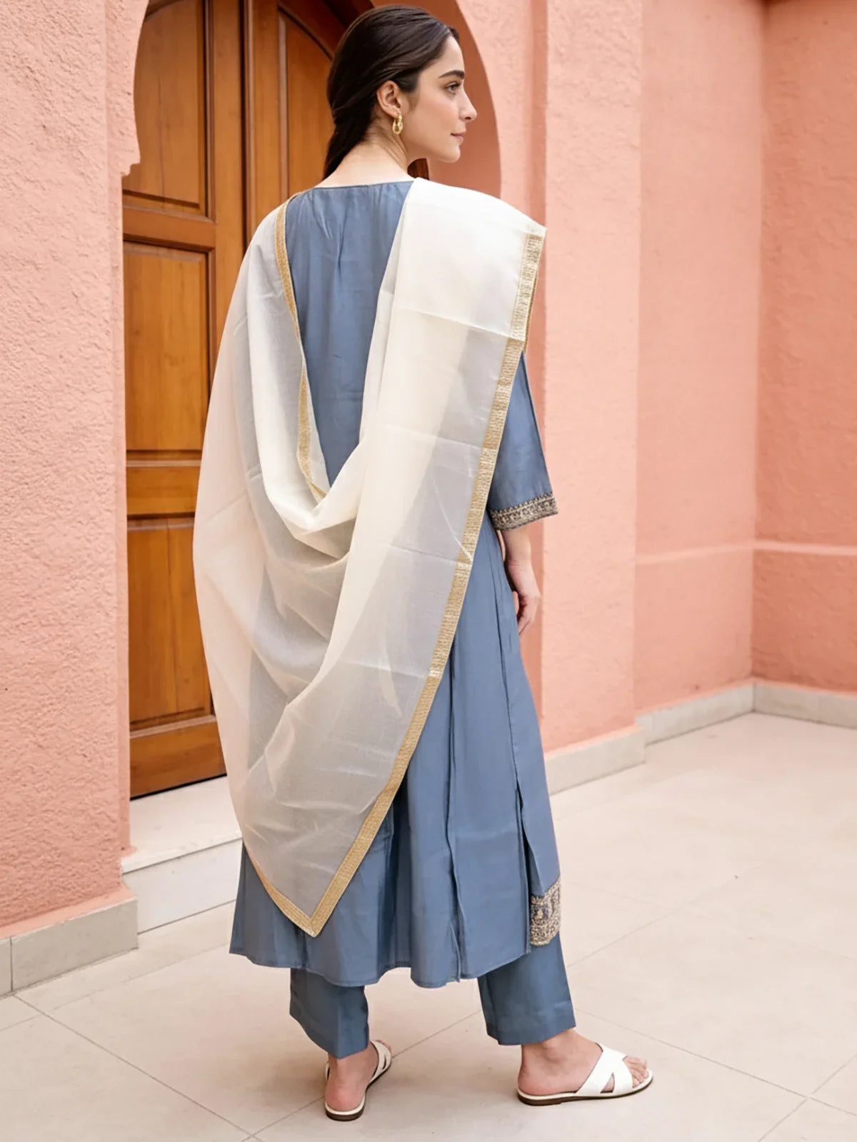 Buy Poly Viscose Embroidered Anarkali Calf Length Kurta with Pant and Dupatta-Grey