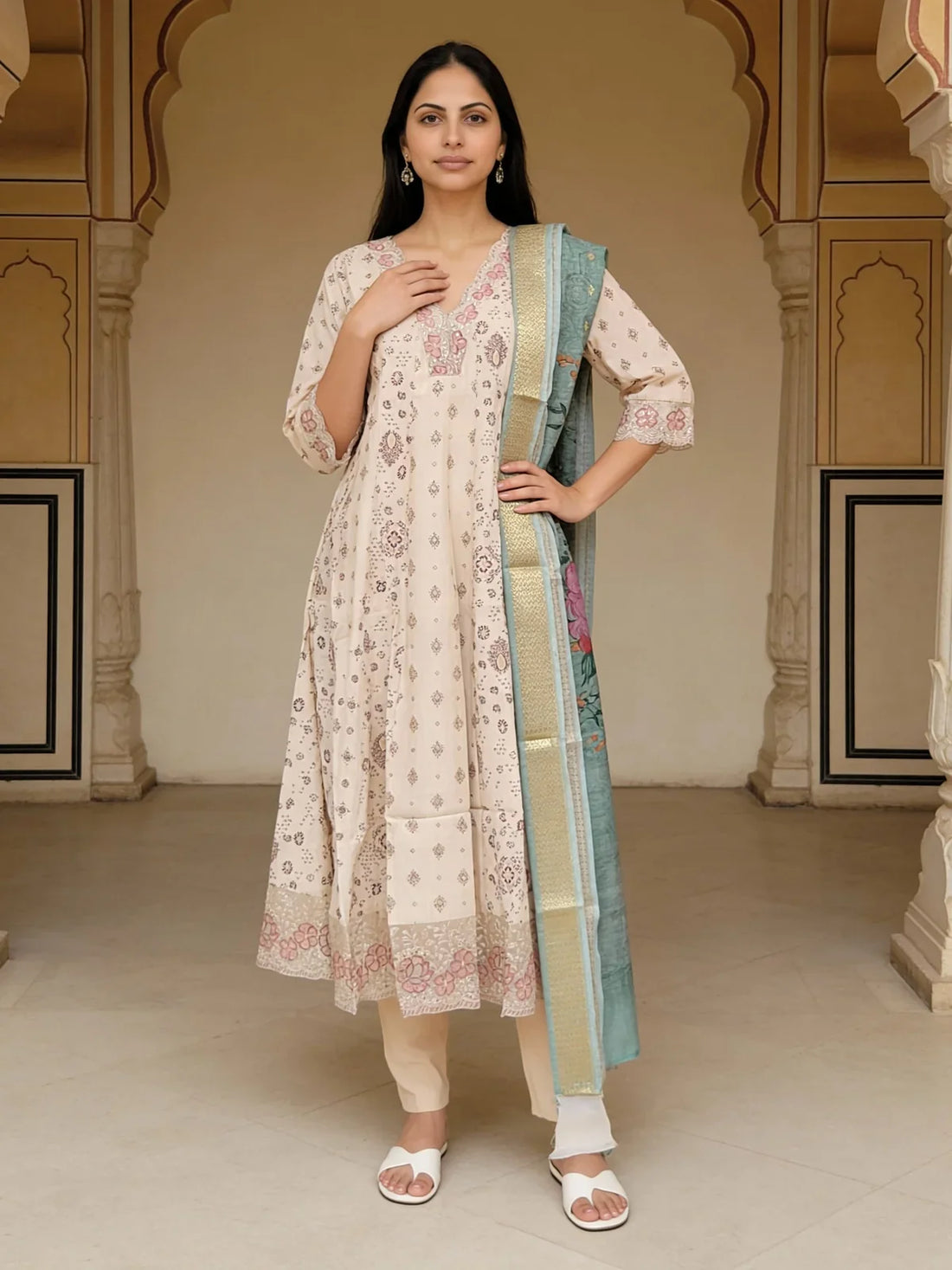 Buy Poly Viscose Embroidered Anarkali Calf Length Kurta with Pant and Dupatta-Off White