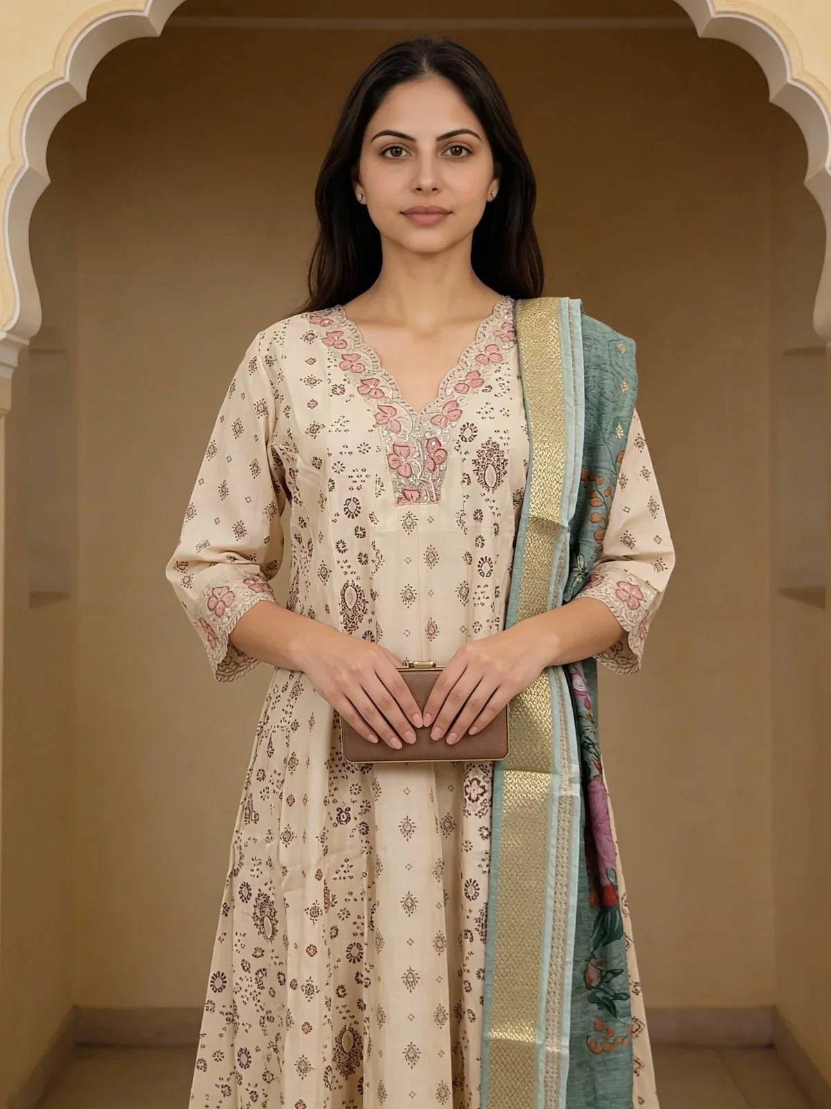 Buy Poly Viscose Embroidered Anarkali Calf Length Kurta with Pant and Dupatta-Off White