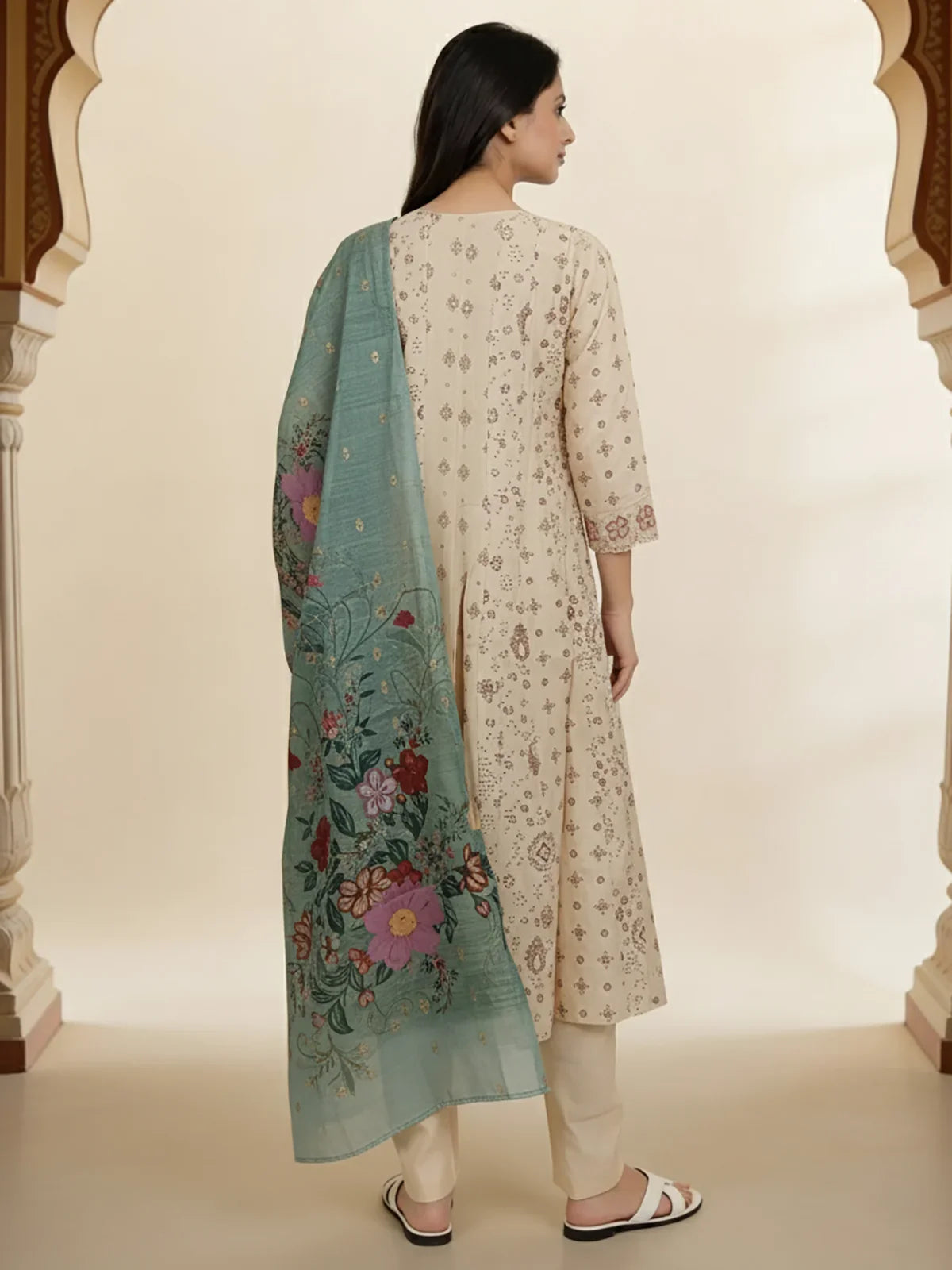 Buy Poly Viscose Embroidered Anarkali Calf Length Kurta with Pant and Dupatta-Off White