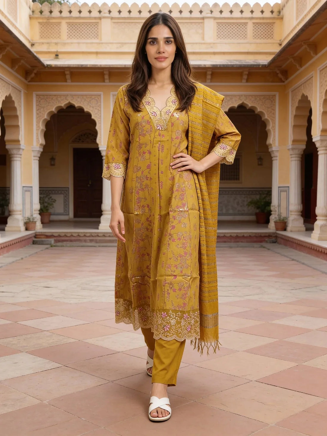 Buy Poly Viscose Embroidered Anarkali Calf Length Kurta with Pant and Dupatta-Mustard