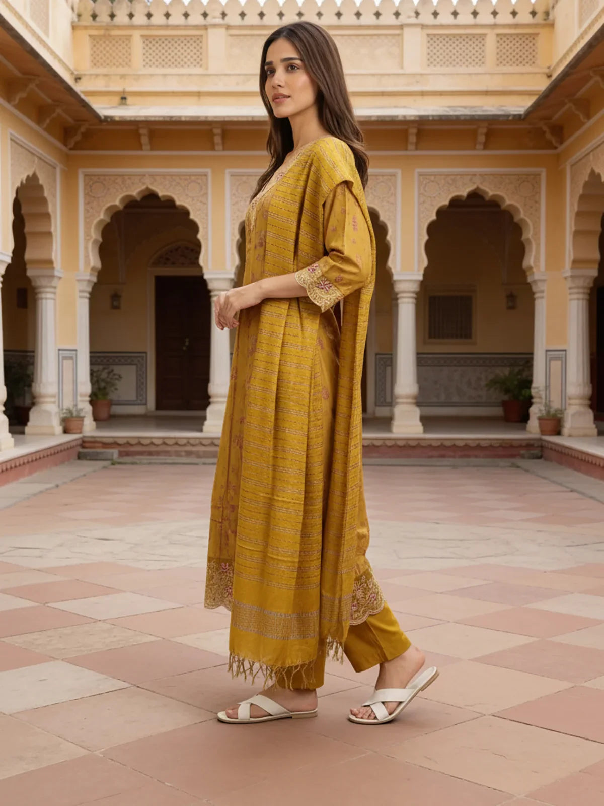 Buy Poly Viscose Embroidered Anarkali Calf Length Kurta with Pant and Dupatta-Mustard