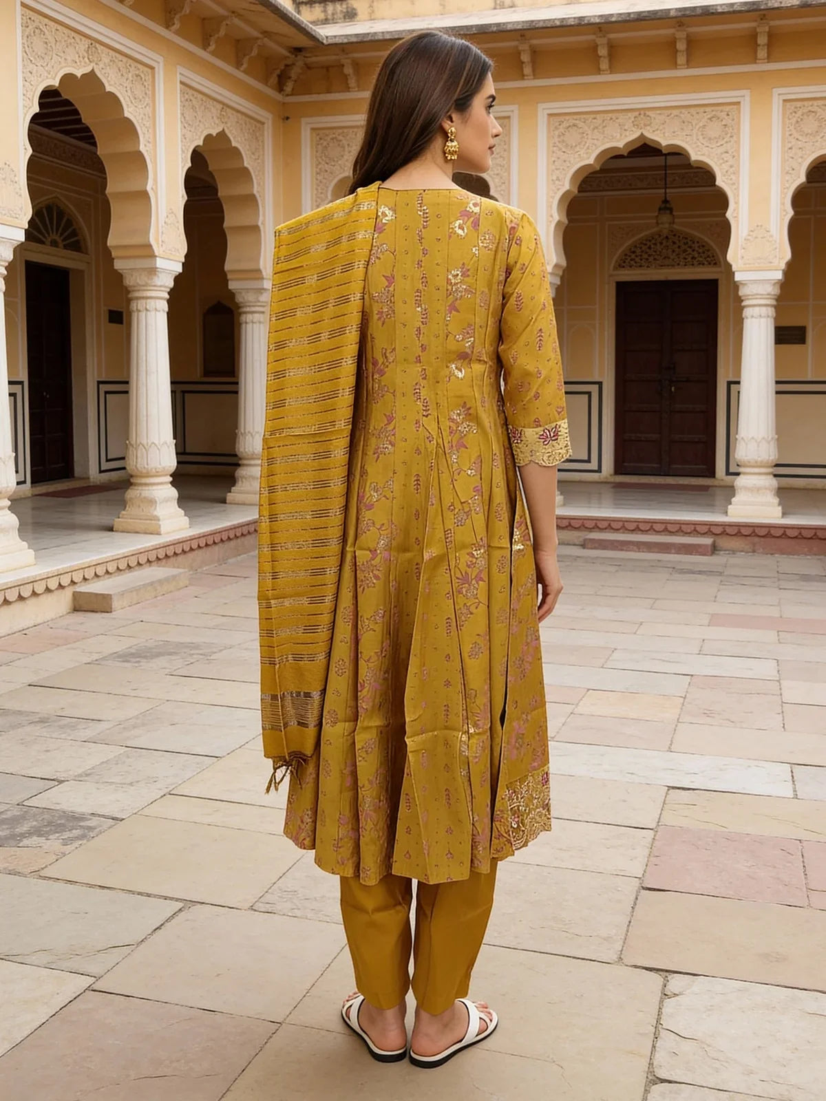 Buy Poly Viscose Embroidered Anarkali Calf Length Kurta with Pant and Dupatta-Mustard