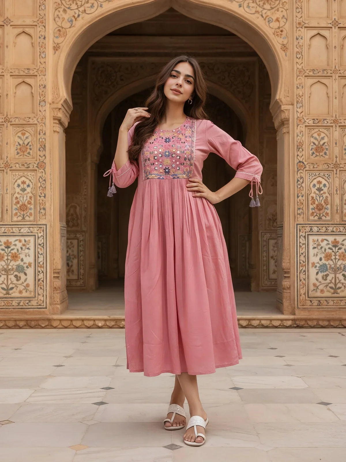 Buy Rayon Embroidered Flared Calf Length Dress-Pink