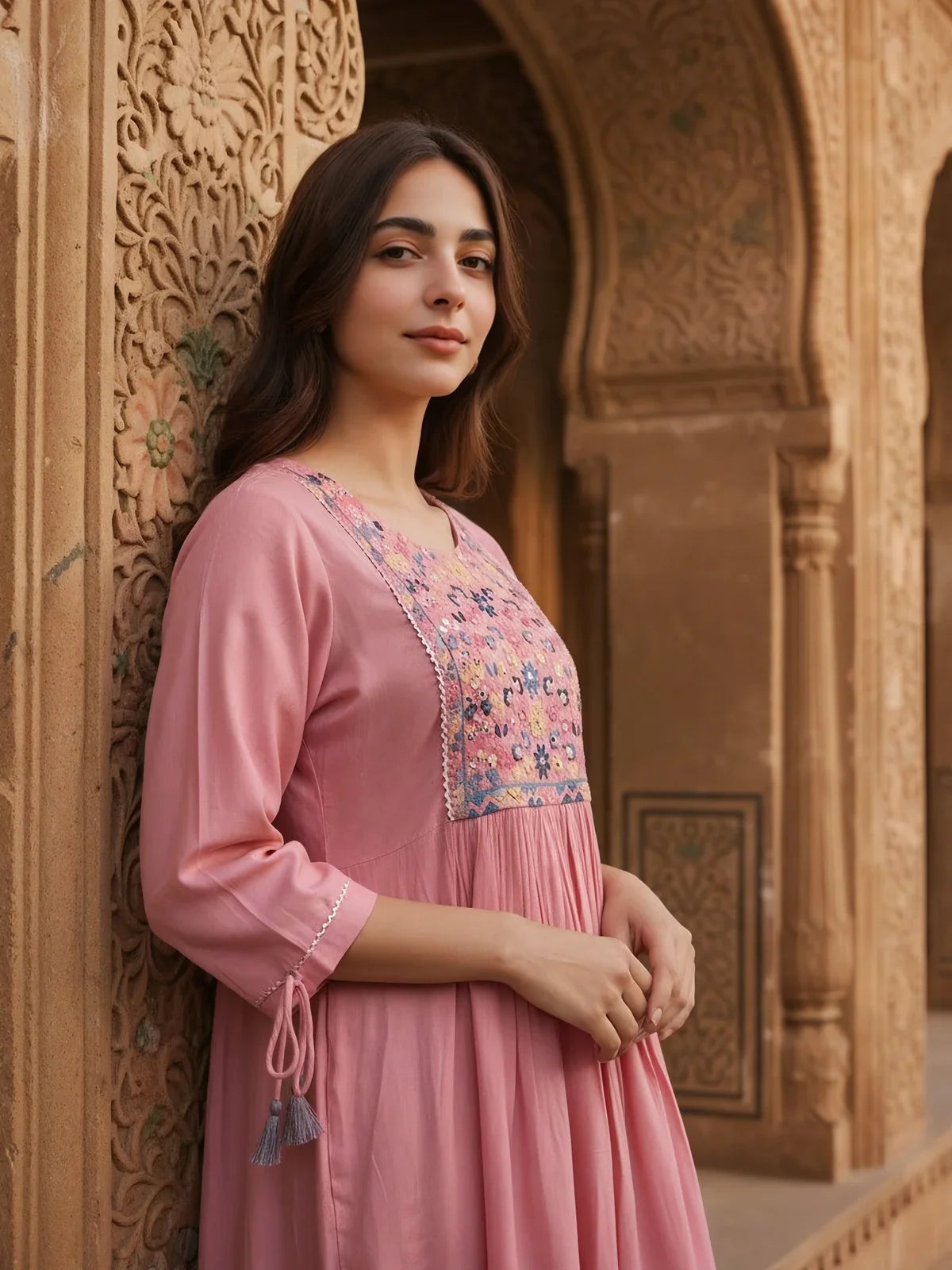 Buy Rayon Embroidered Flared Calf Length Dress-Pink
