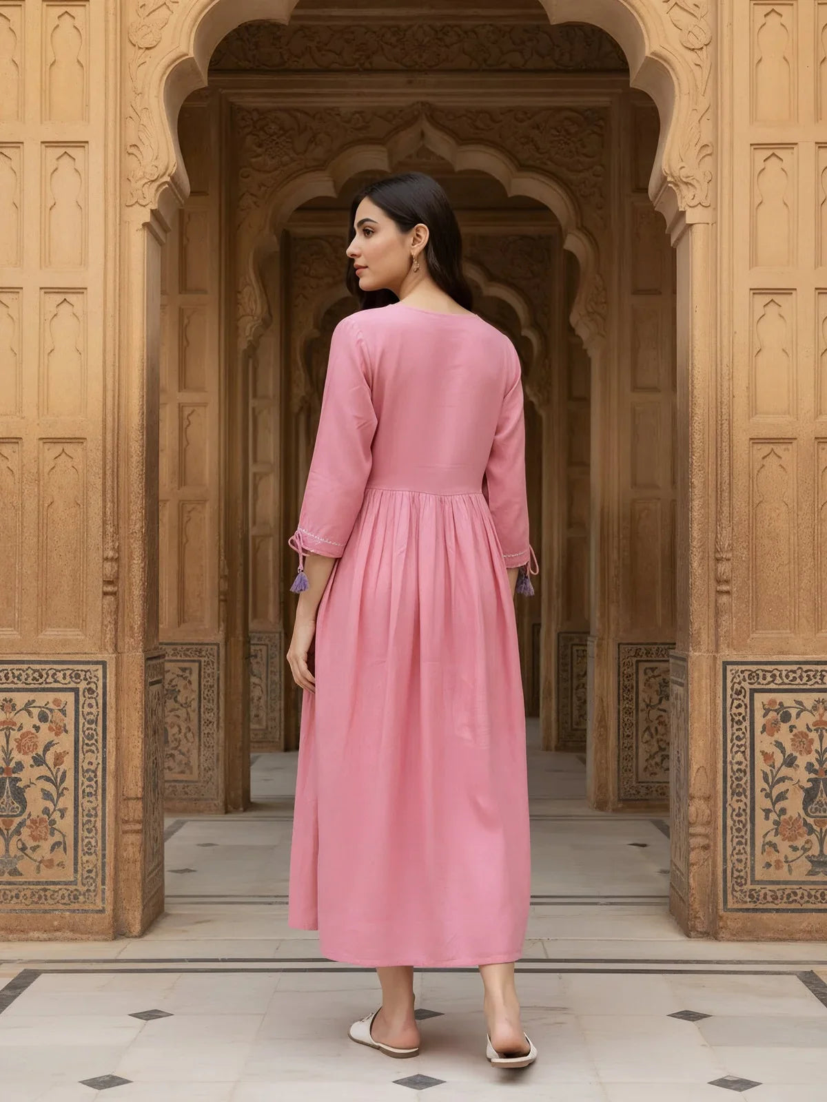 Buy Rayon Embroidered Flared Calf Length Dress-Pink