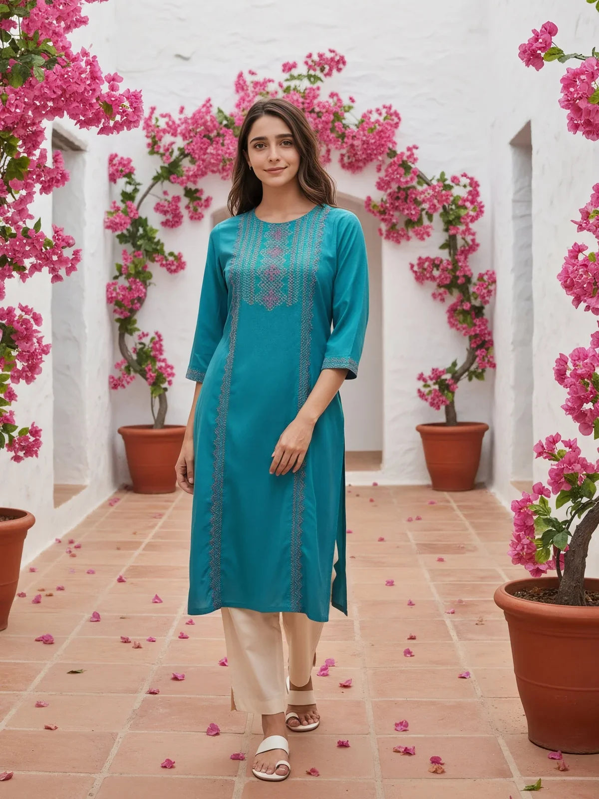 Buy Rayon Embroidered Straight Calf Length Kurta-Teal
