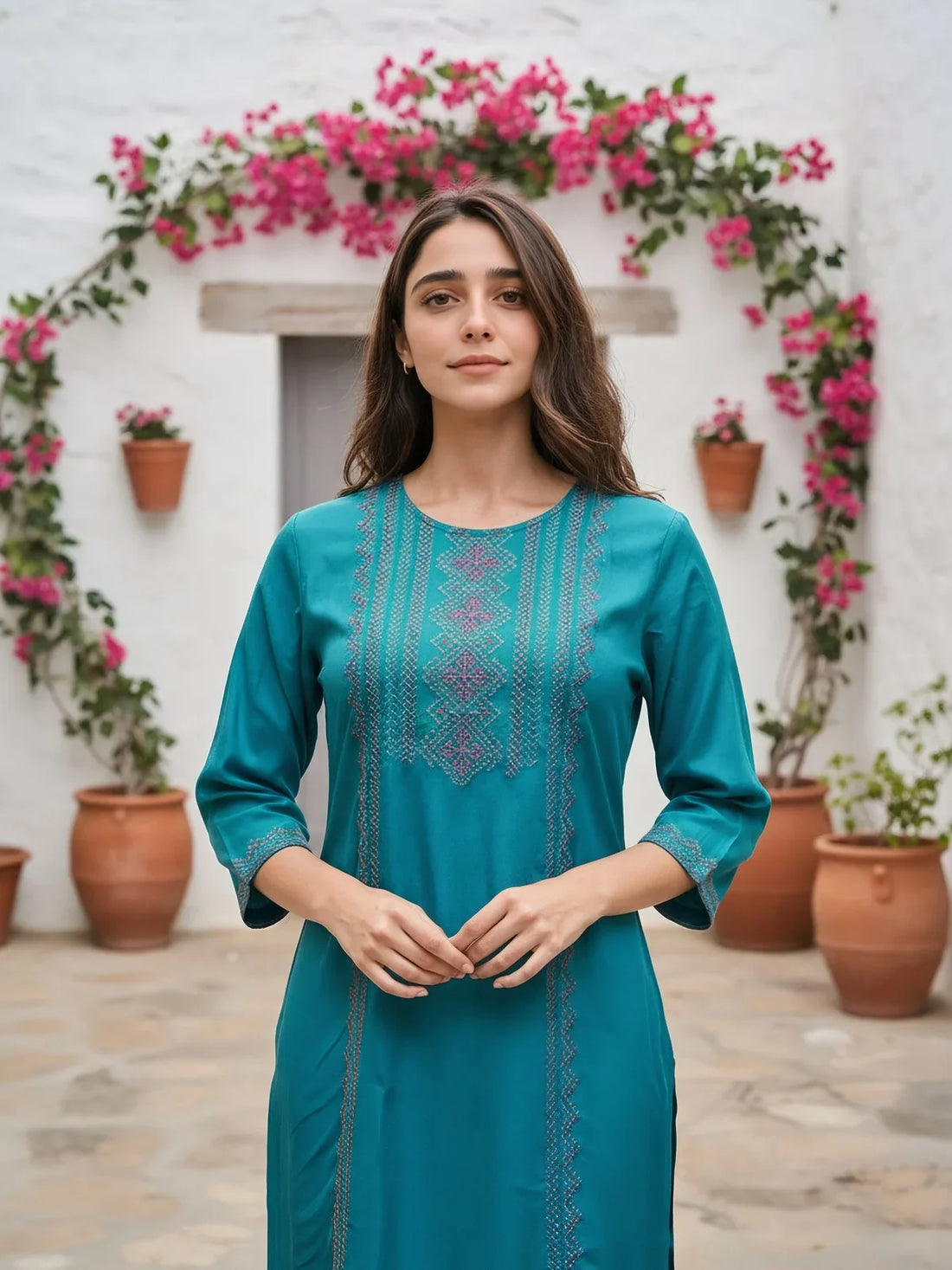 Buy Rayon Embroidered Straight Calf Length Kurta-Teal