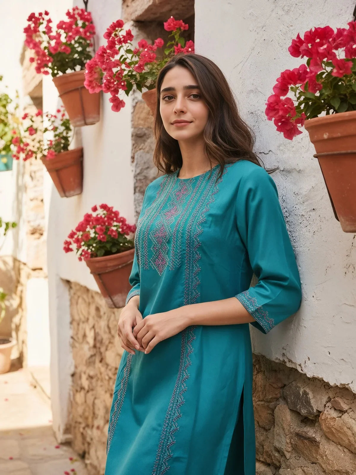 Buy Rayon Embroidered Straight Calf Length Kurta-Teal