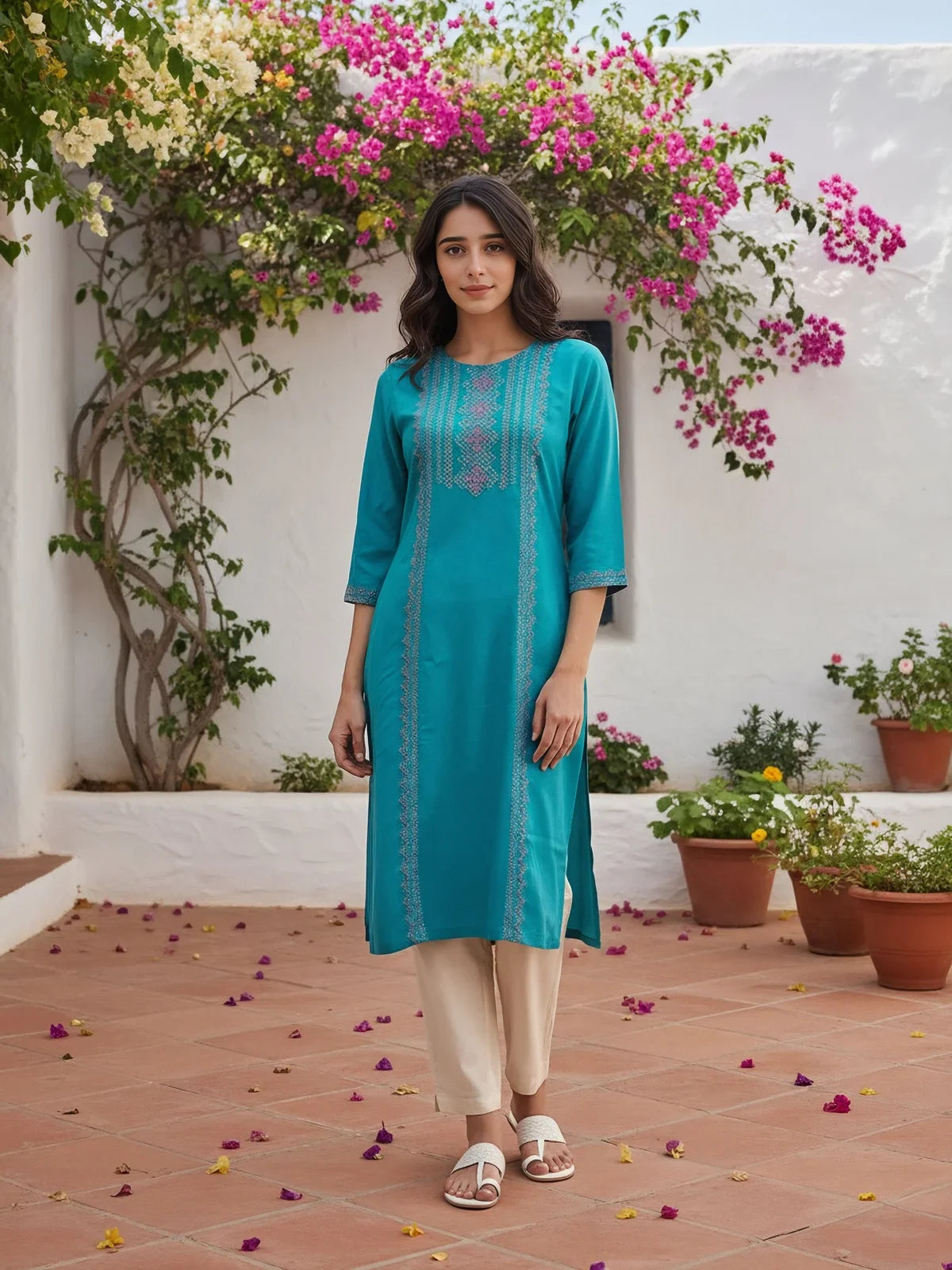 Buy Rayon Embroidered Straight Calf Length Kurta-Teal