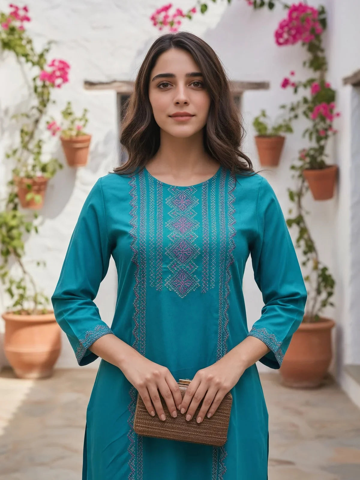 Buy Rayon Embroidered Straight Calf Length Kurta-Teal