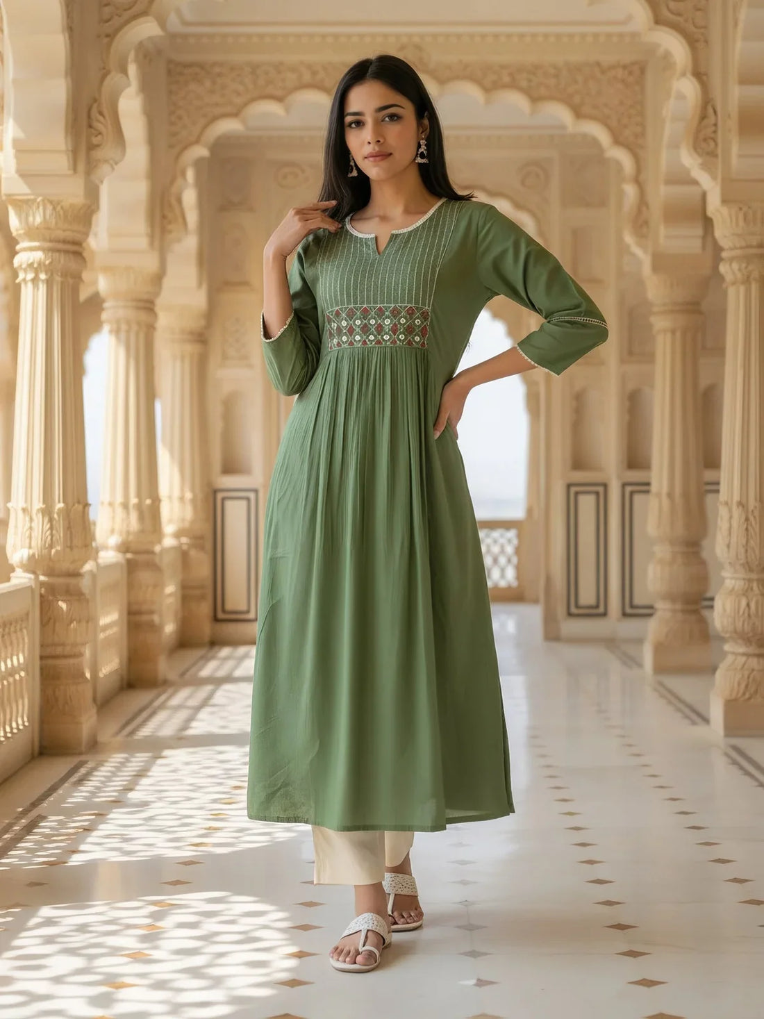 Buy Rayon Slub Embroidered Flared Calf Length Kurta-Green
