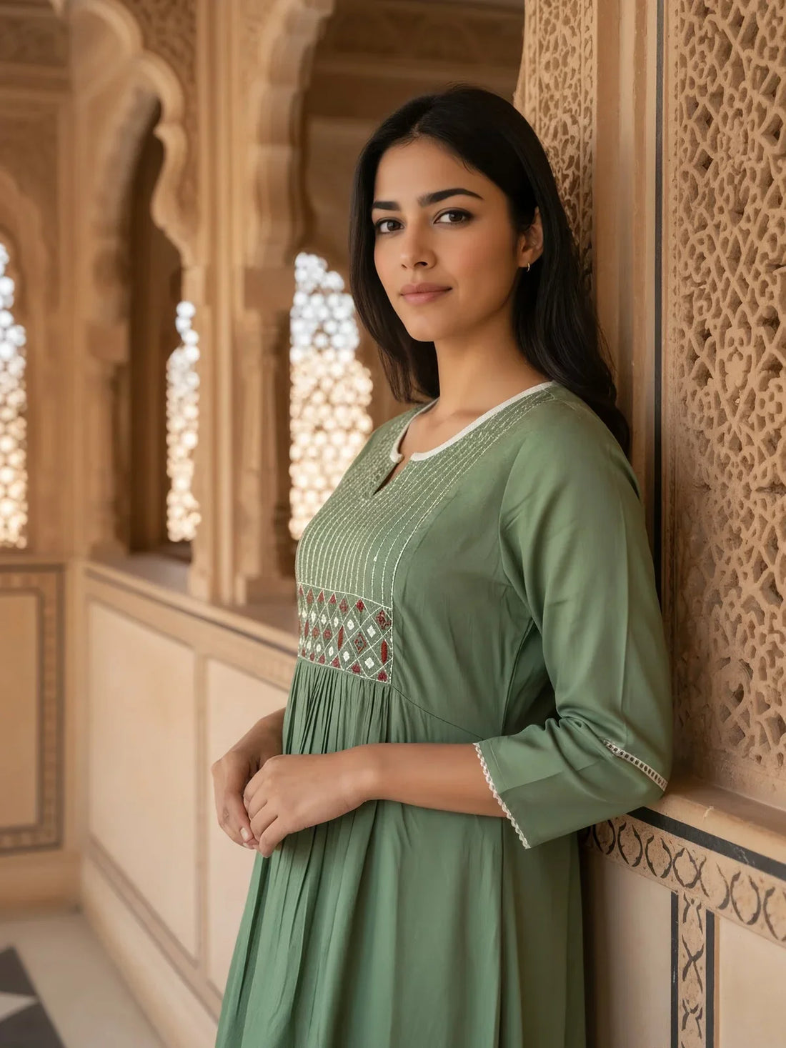Buy Rayon Slub Embroidered Flared Calf Length Kurta-Green