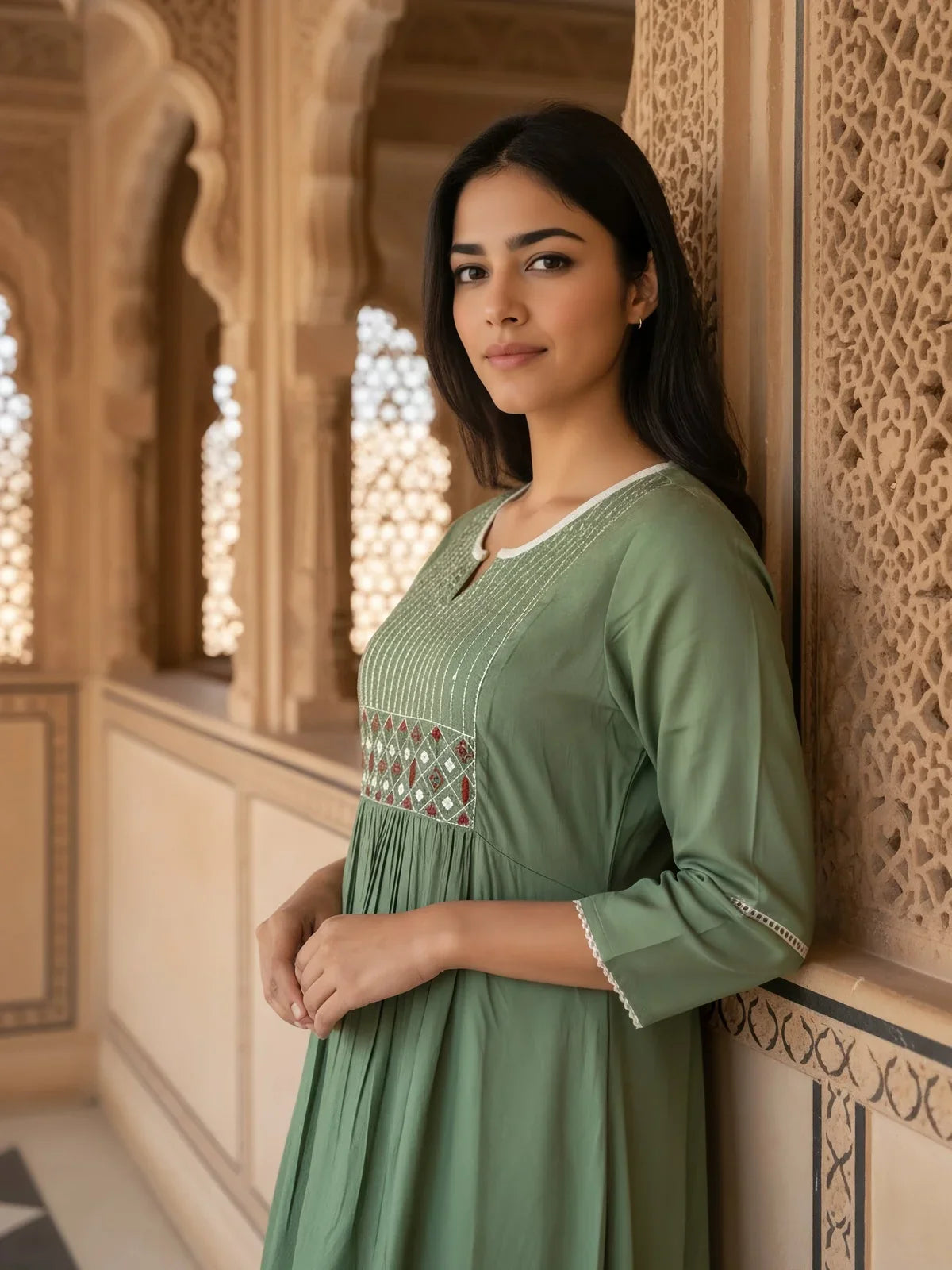Buy Rayon Slub Embroidered Flared Calf Length Kurta-Green