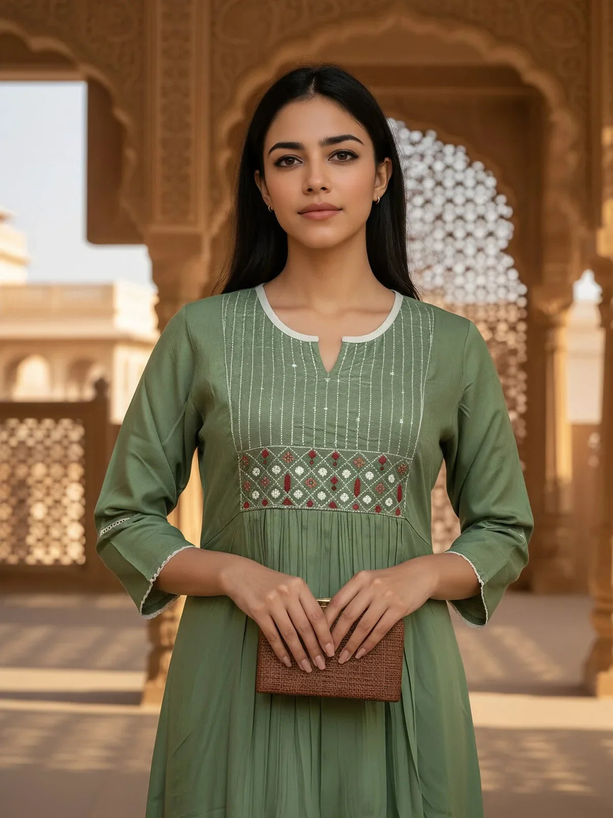 Buy Rayon Slub Embroidered Flared Calf Length Kurta-Green