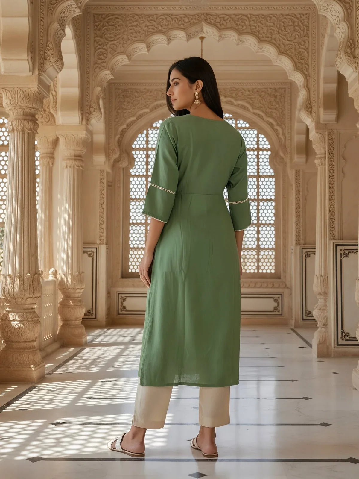 Buy Rayon Slub Embroidered Flared Calf Length Kurta-Green
