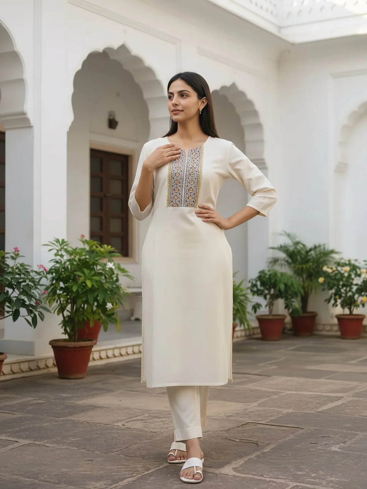 Buy Rayon Slub Embroidered Straight Calf Length Kurta-Off White
