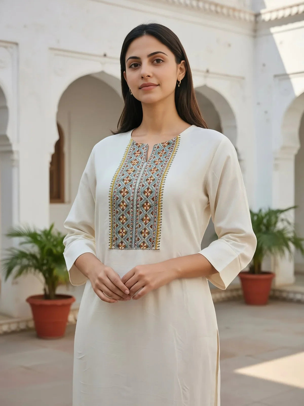 Buy Rayon Slub Embroidered Straight Calf Length Kurta-Off White
