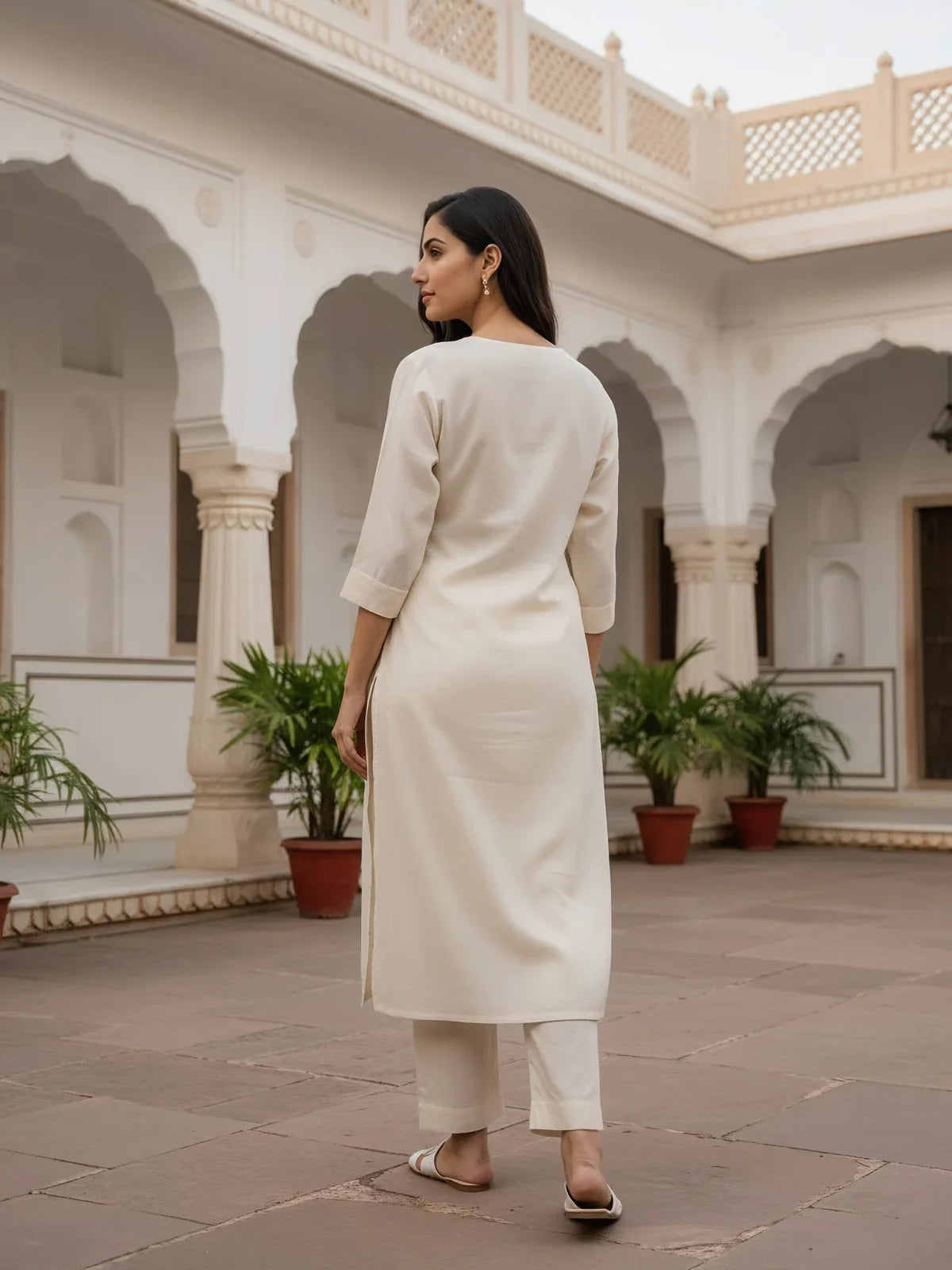 Buy Rayon Slub Embroidered Straight Calf Length Kurta-Off White