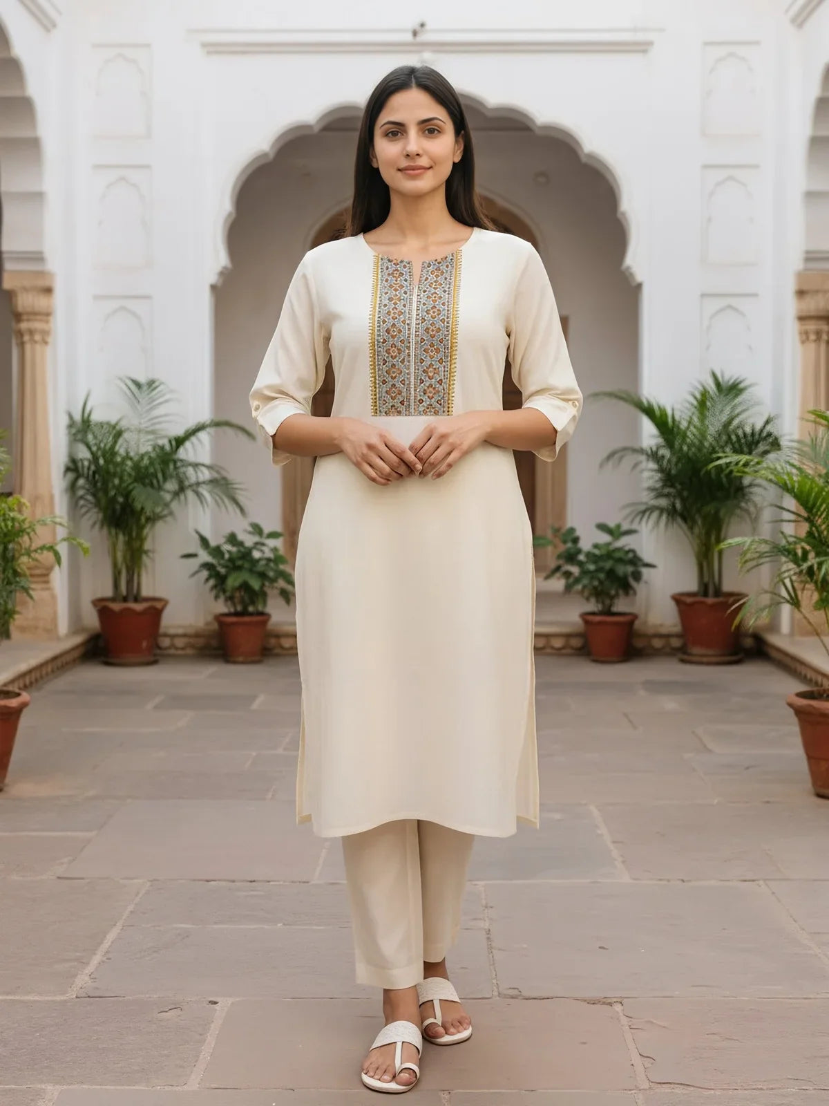 Buy Rayon Slub Embroidered Straight Calf Length Kurta-Off White