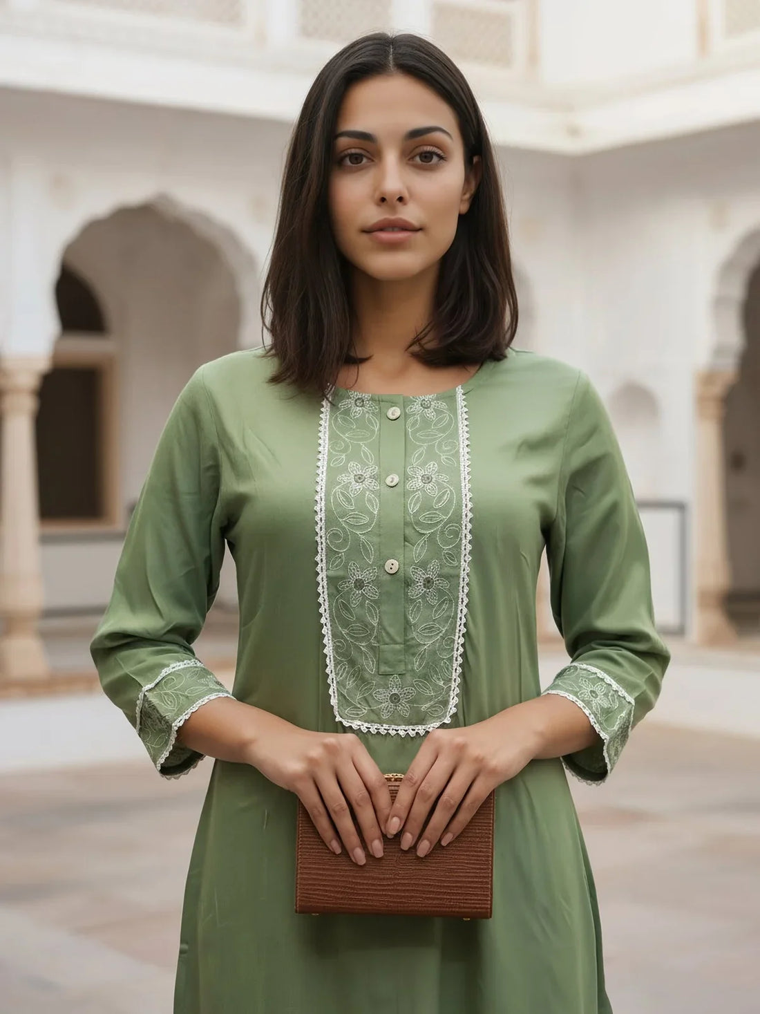 Buy Rayon Embroidered Straight Calf Length Kurta-Green