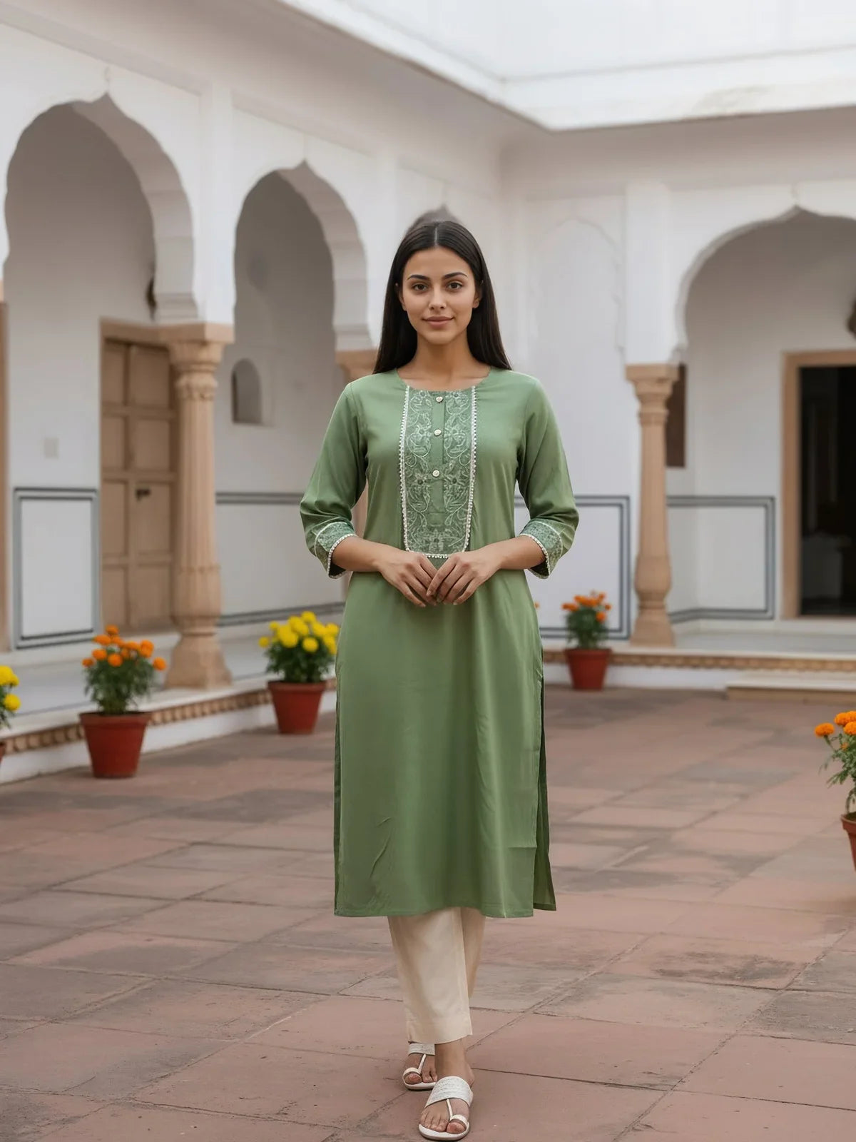 Buy Rayon Embroidered Straight Calf Length Kurta-Green