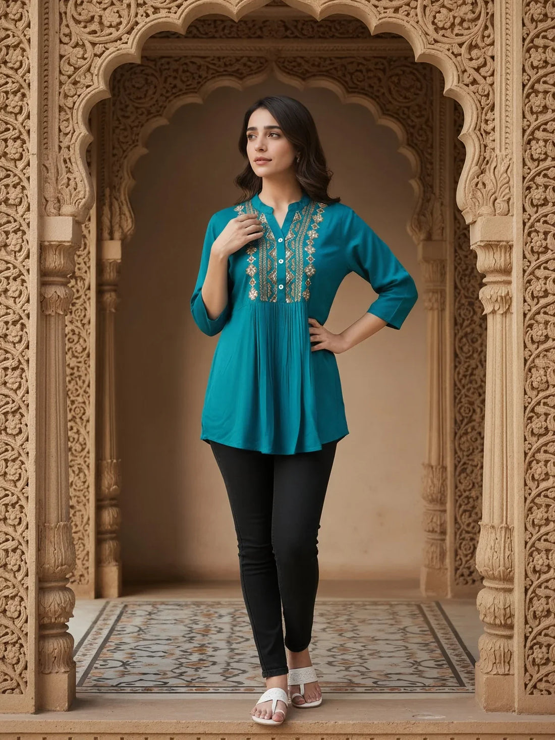 Buy Rayon Embroidered A-Line Short length Short Kurti-Blue