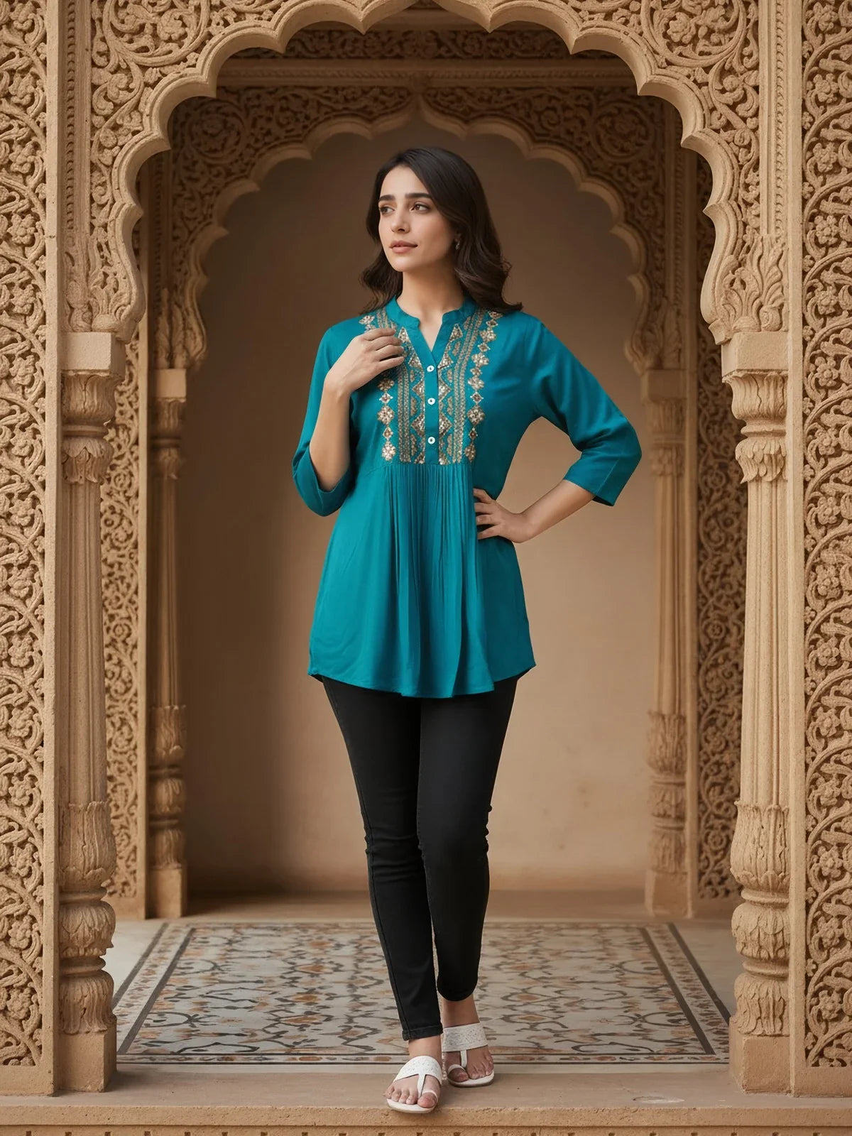 Buy Rayon Embroidered A-Line Short length Short Kurti-Blue