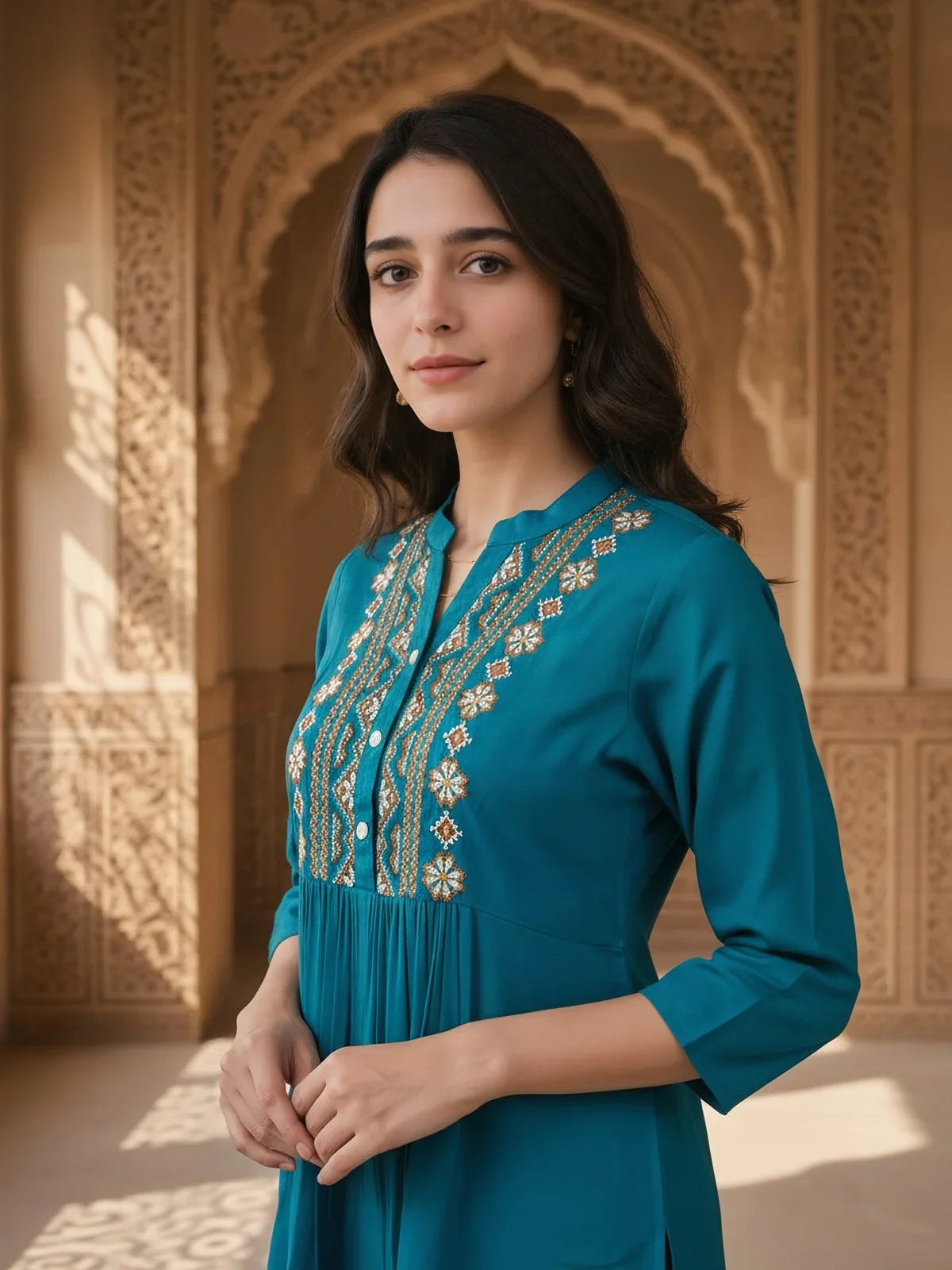 Buy Rayon Embroidered A-Line Short length Short Kurti-Blue