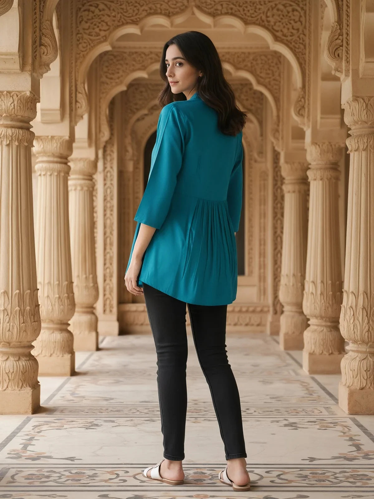 Buy Rayon Embroidered A-Line Short length Short Kurti-Blue