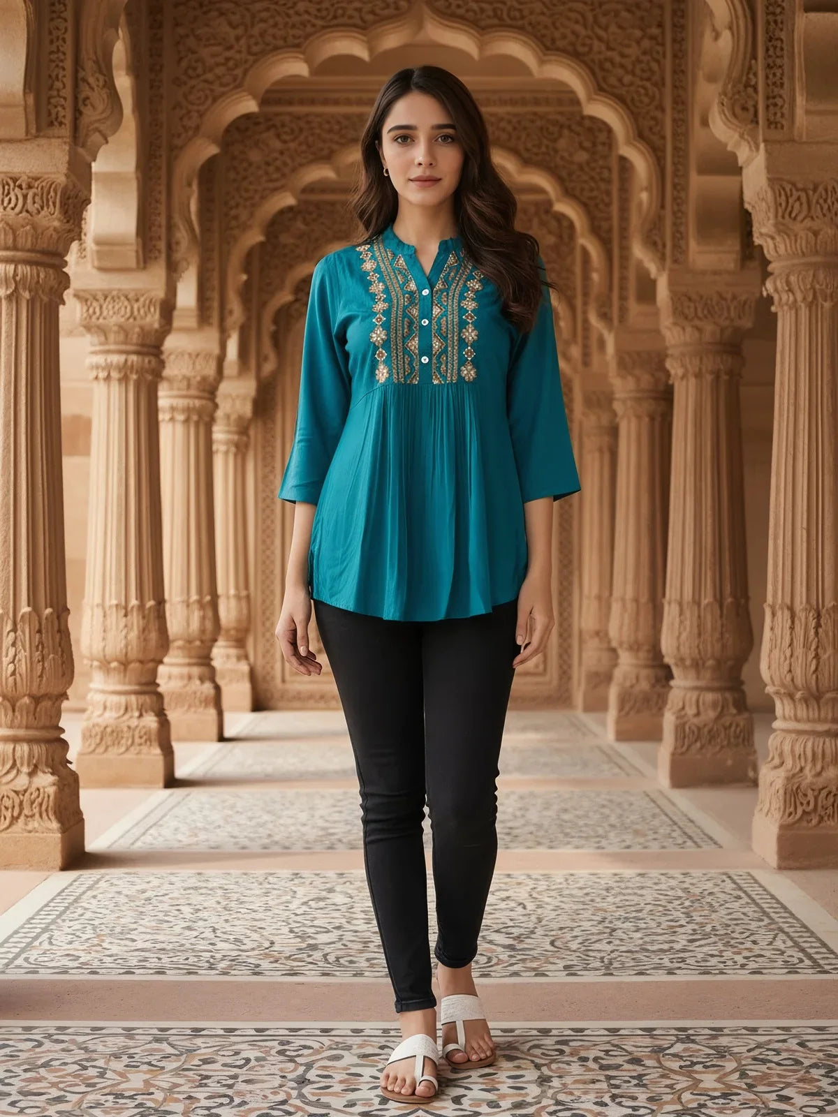 Buy Rayon Embroidered A-Line Short length Short Kurti-Blue