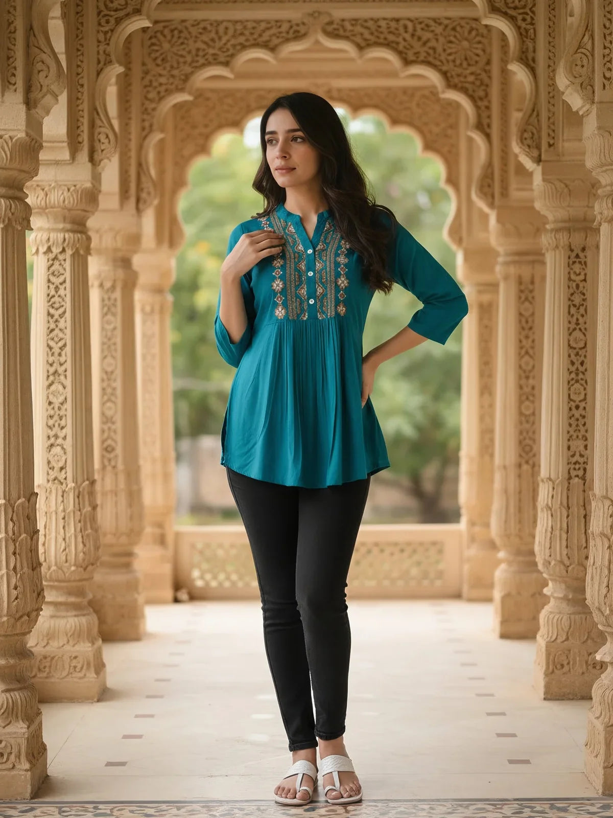 Buy Rayon Embroidered A-Line Short length Short Kurti-Blue