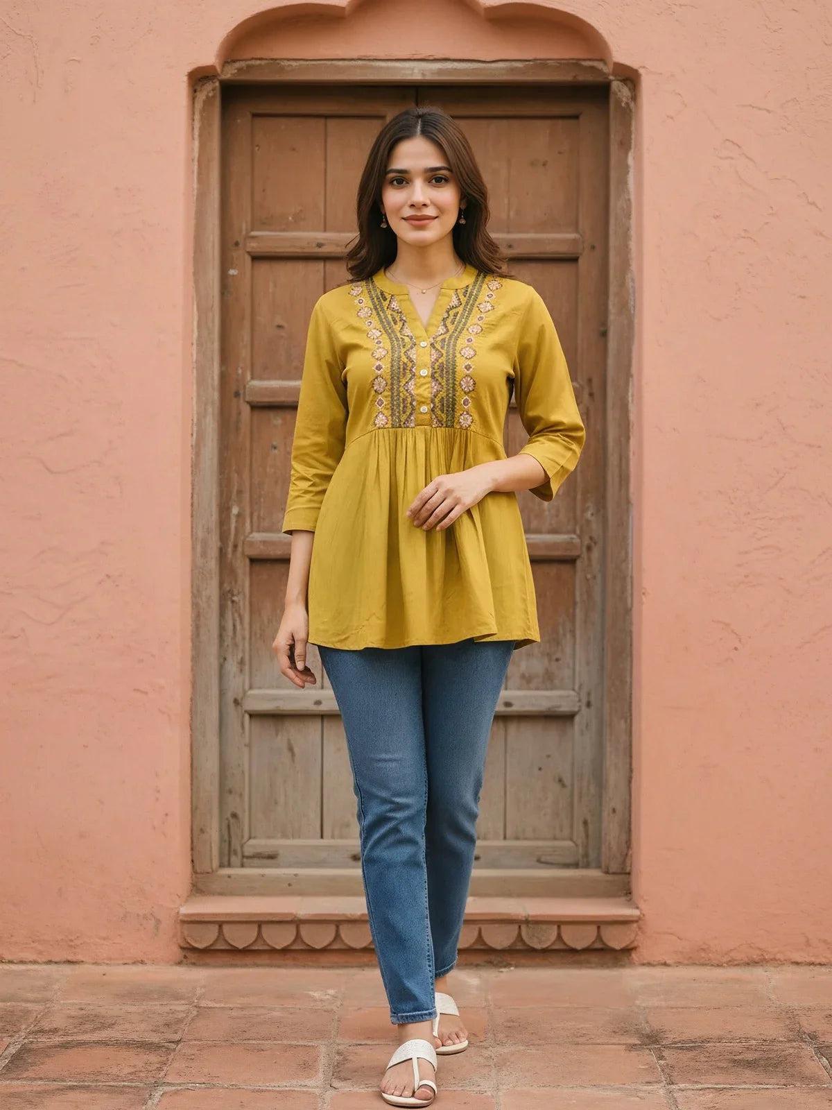 Buy Rayon Embroidered A-Line Short length Short Kurti-Mustard