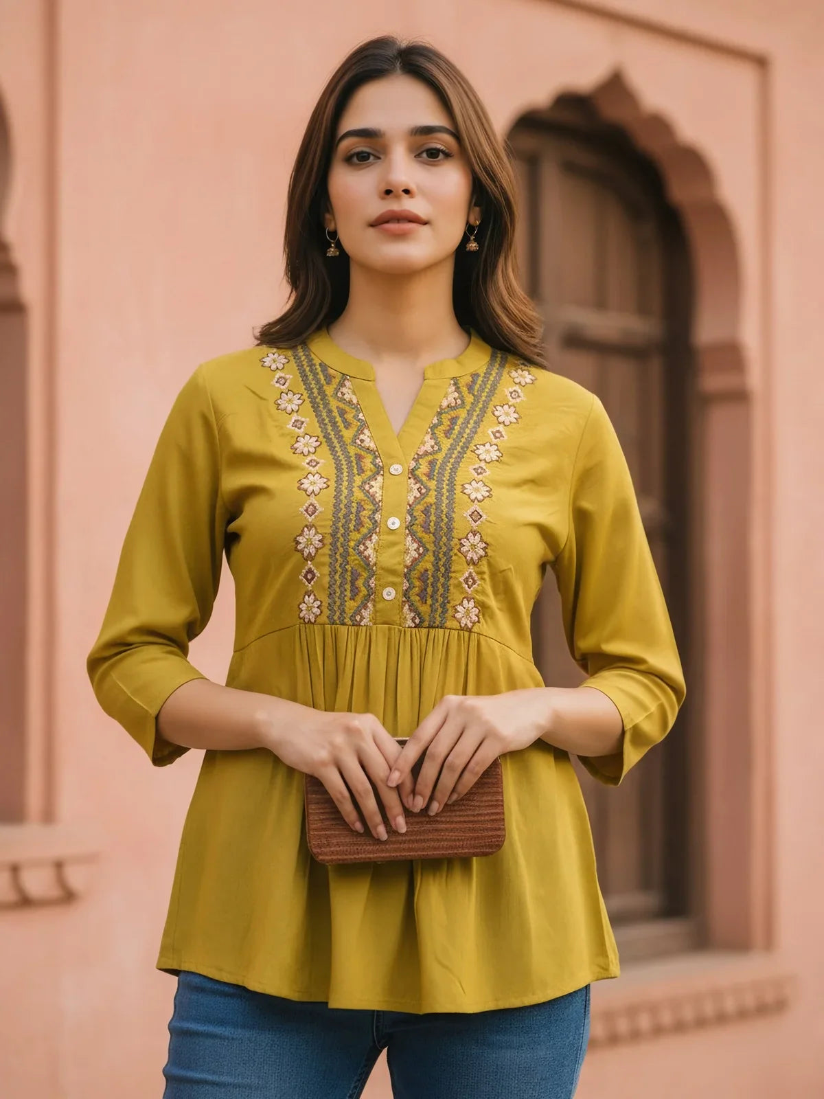 Buy Rayon Embroidered A-Line Short length Short Kurti-Mustard