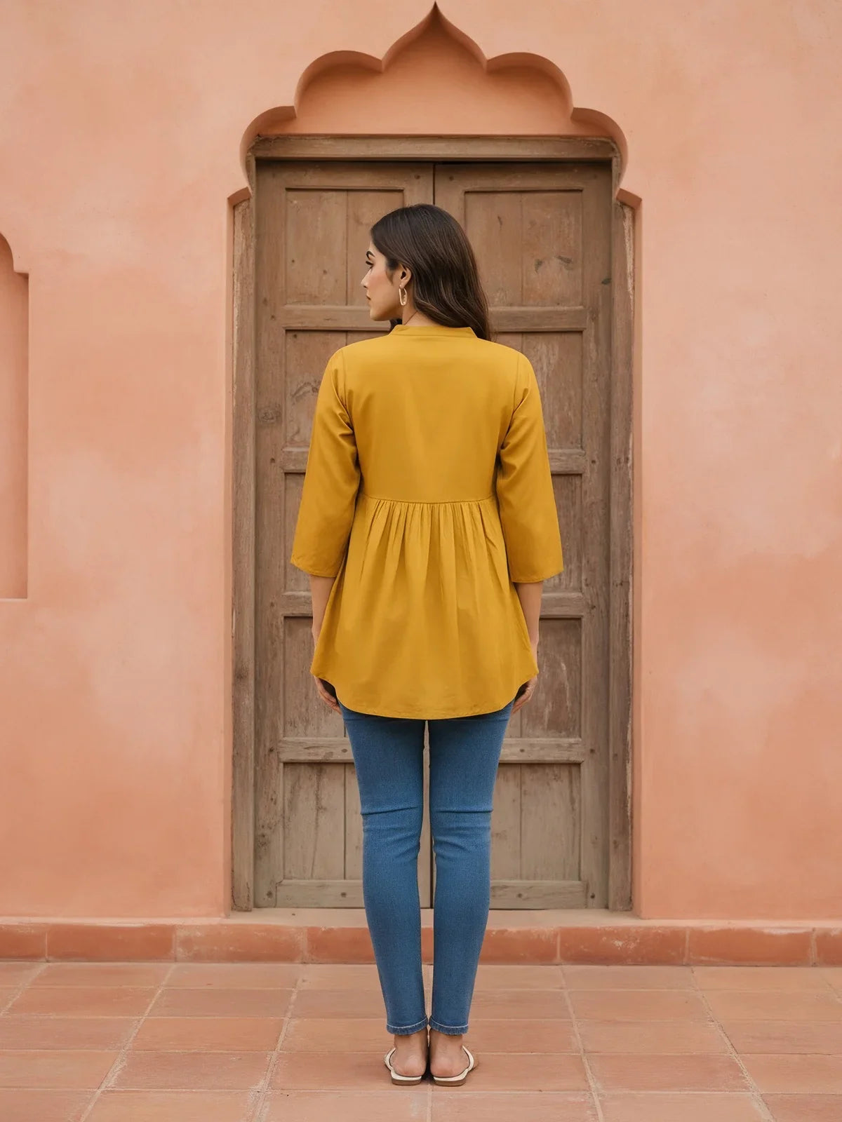 Buy Rayon Embroidered A-Line Short length Short Kurti-Mustard