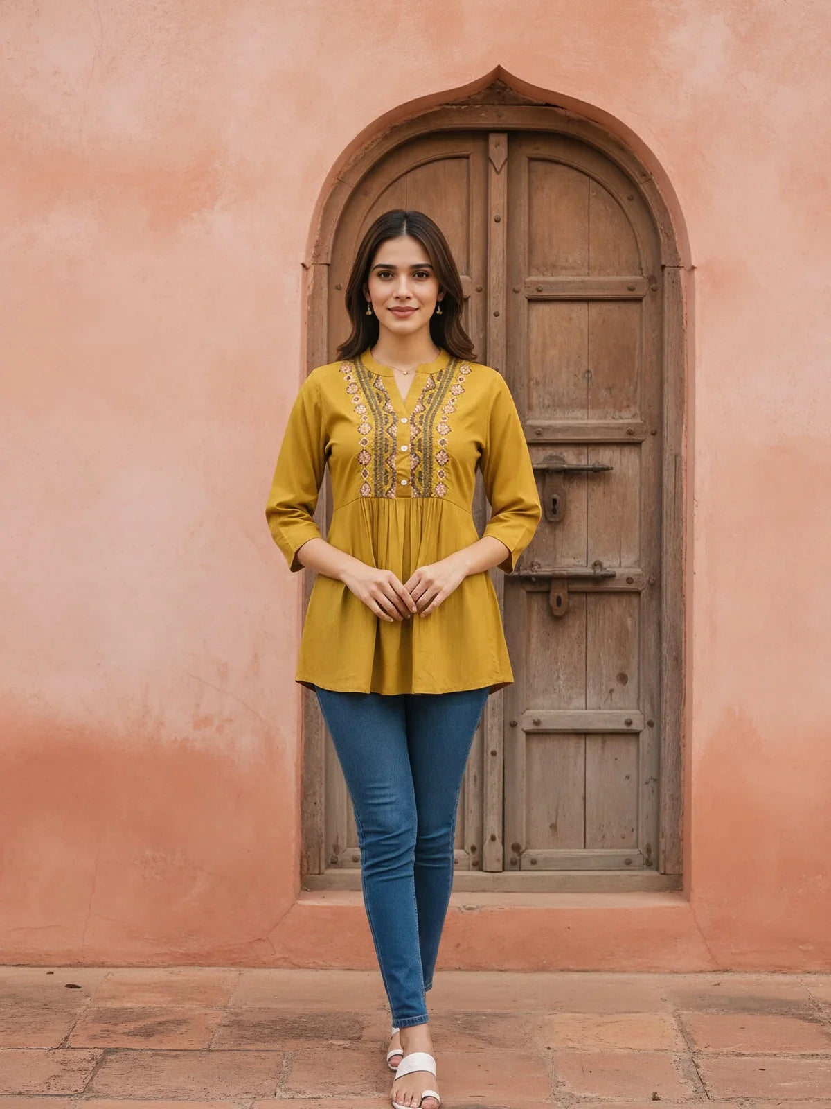 Buy Rayon Embroidered A-Line Short length Short Kurti-Mustard