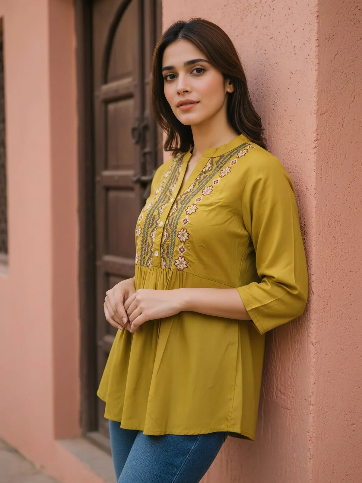Buy Rayon Embroidered A-Line Short length Short Kurti-Mustard
