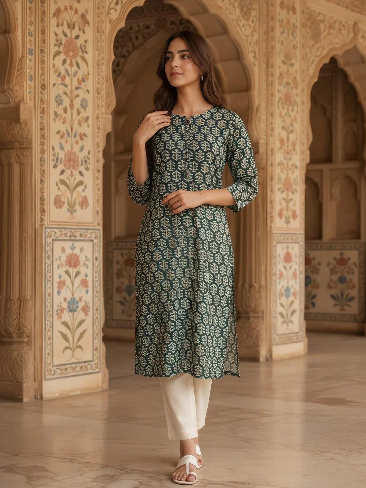 Buy Rayon Printed Straight Knee Length Kurta-Green