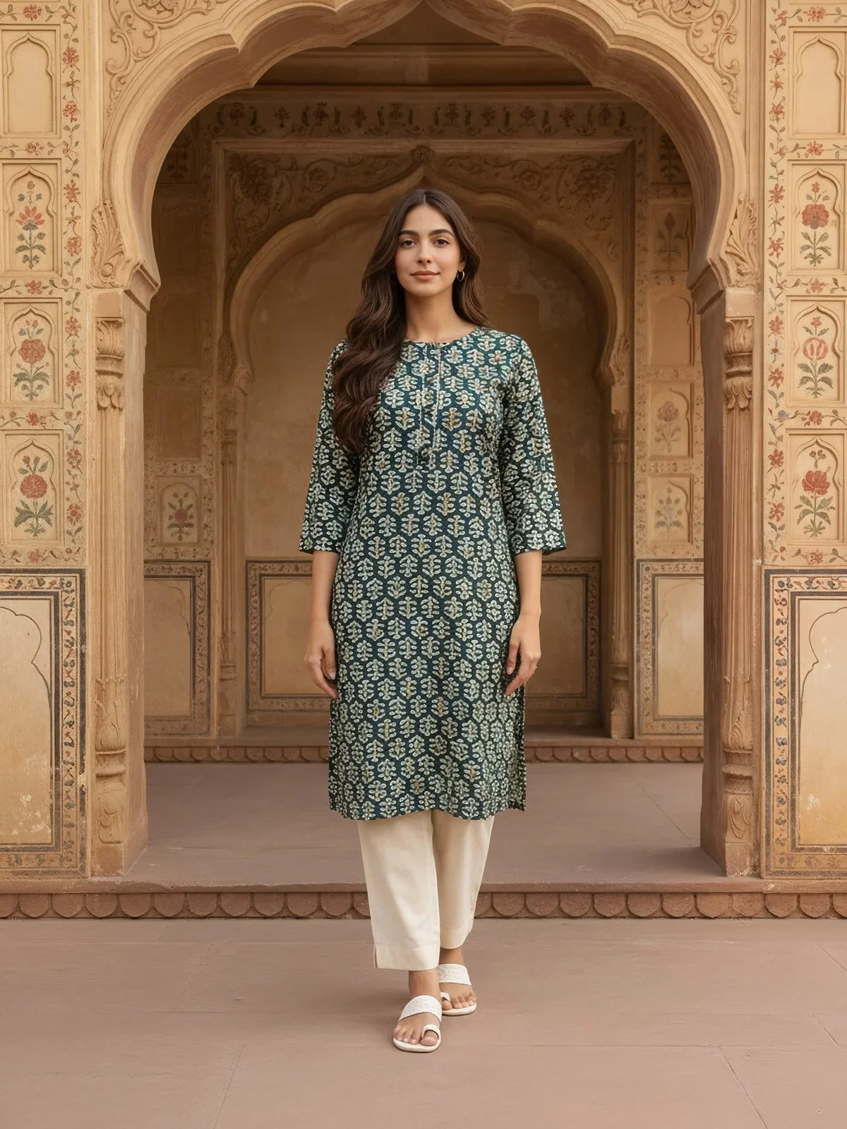 Buy Rayon Printed Straight Knee Length Kurta-Green