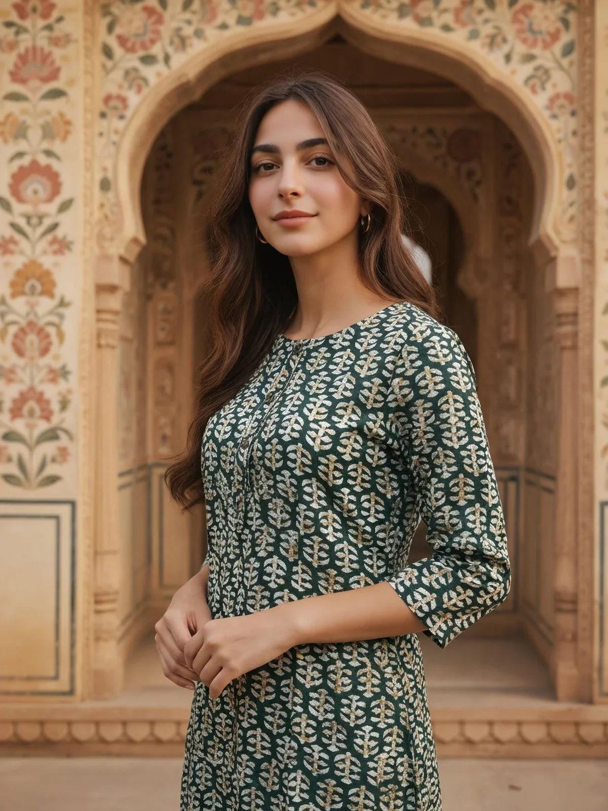 Buy Rayon Printed Straight Knee Length Kurta-Green