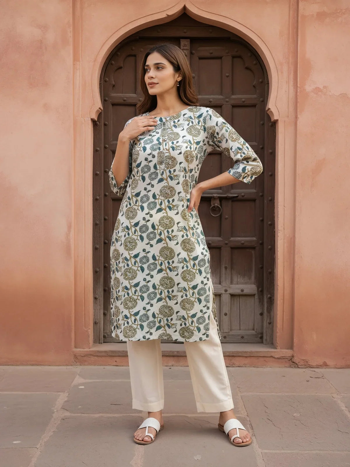 Buy Rayon Printed Straight Knee Length Kurta-Off White