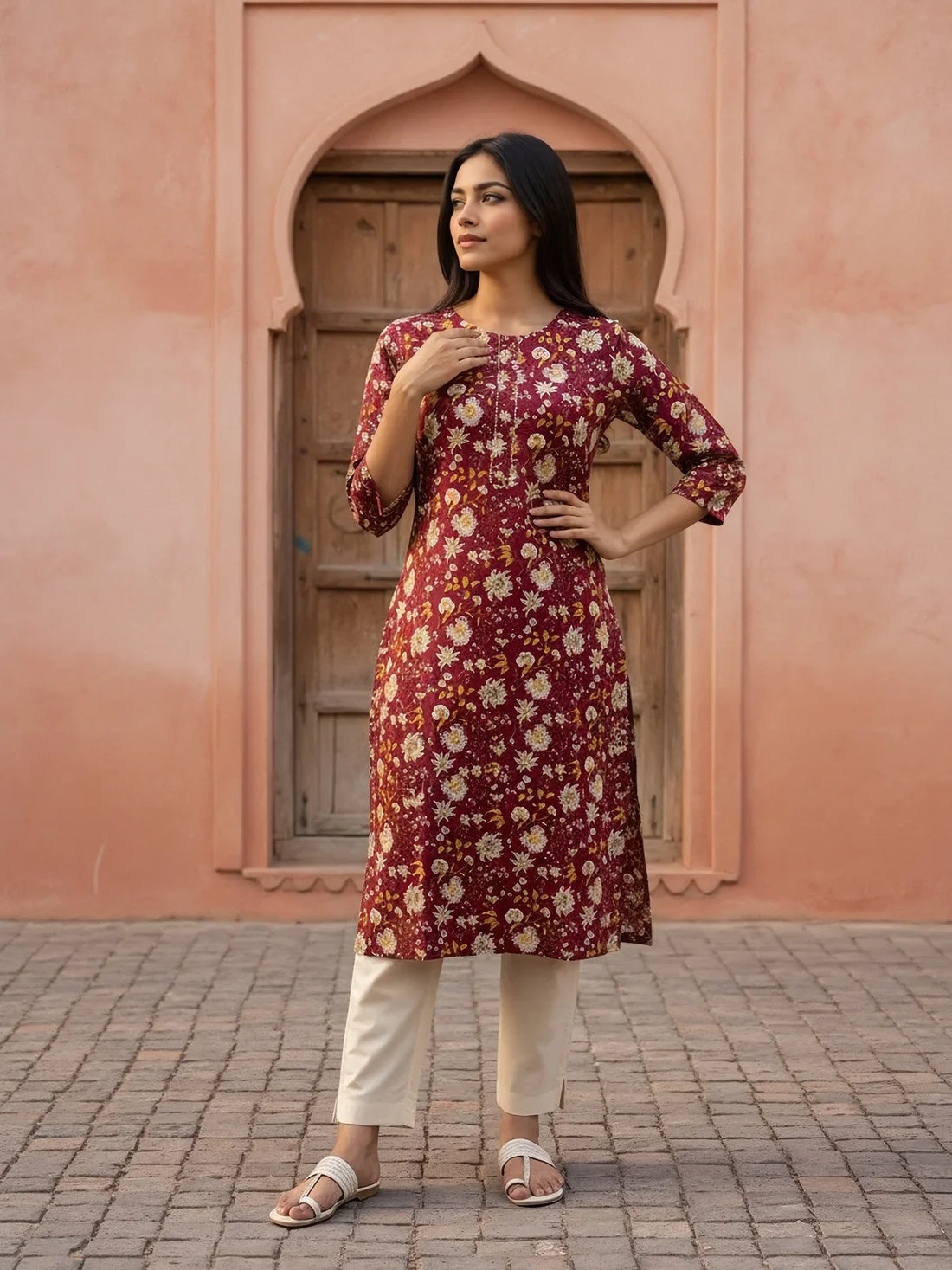 Buy Rayon Printed Straight Knee Length Kurta-Maroon