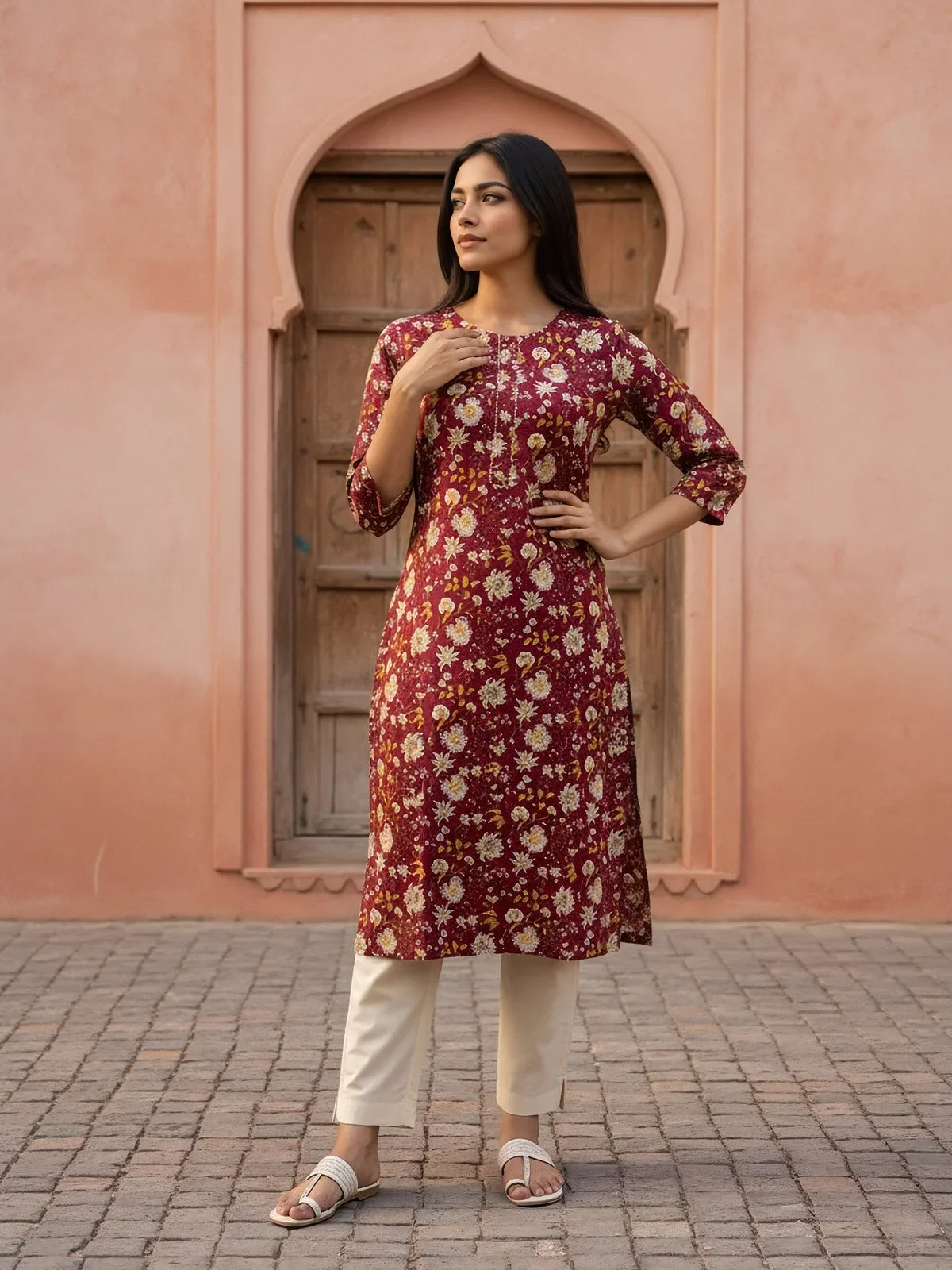 Buy Rayon Printed Straight Knee Length Kurta-Maroon