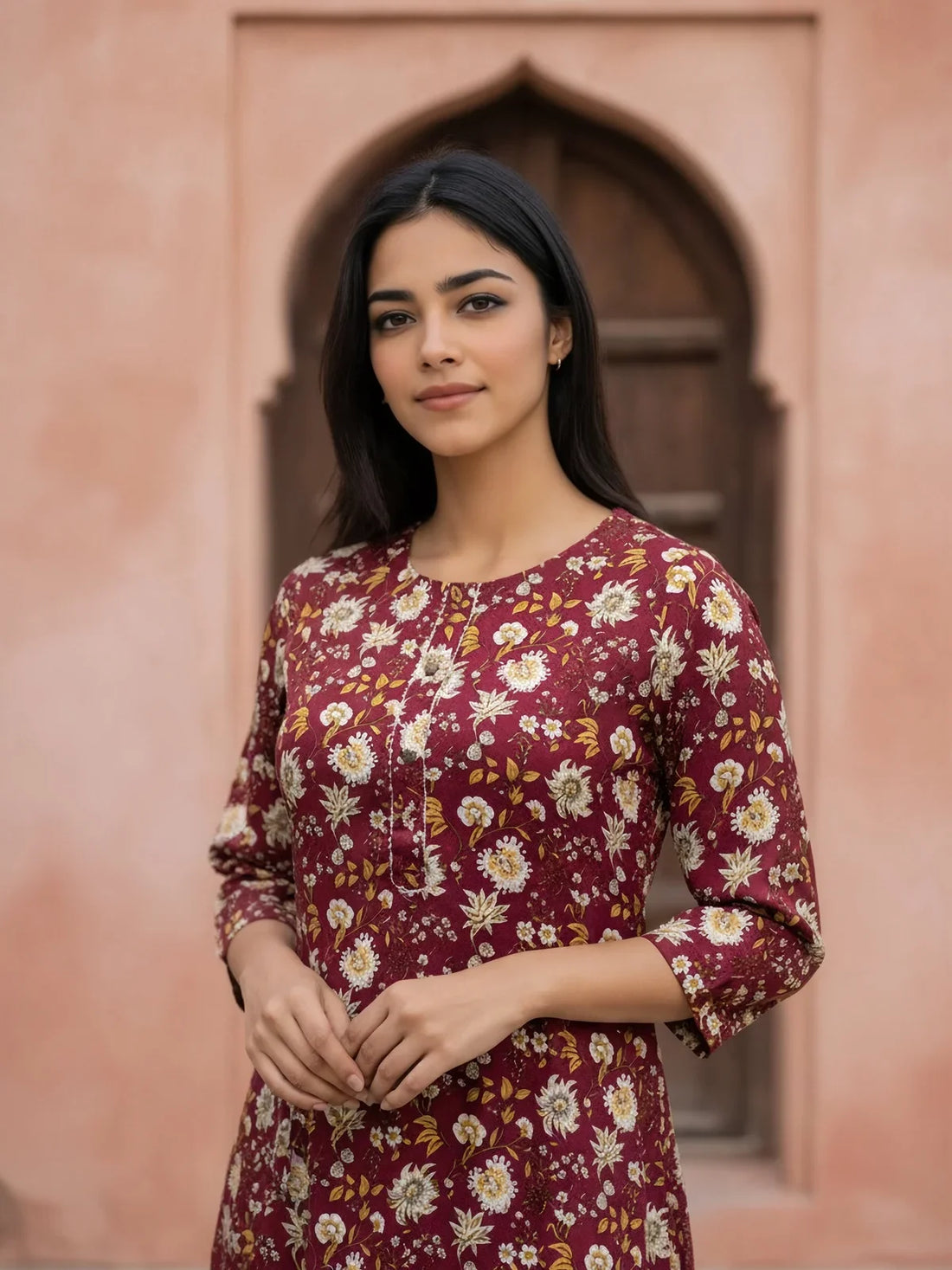 Buy Rayon Printed Straight Knee Length Kurta-Maroon