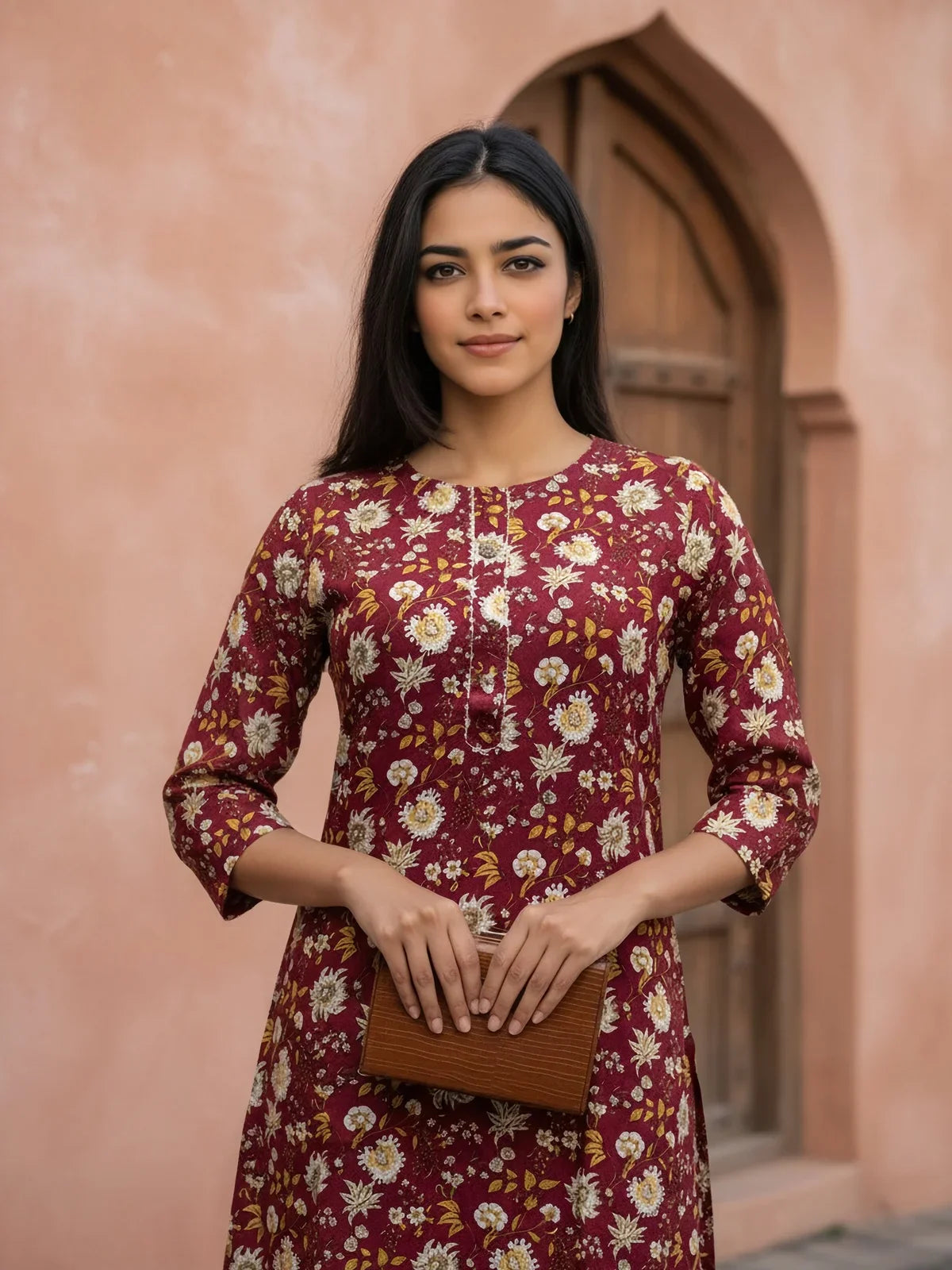 Buy Rayon Printed Straight Knee Length Kurta-Maroon