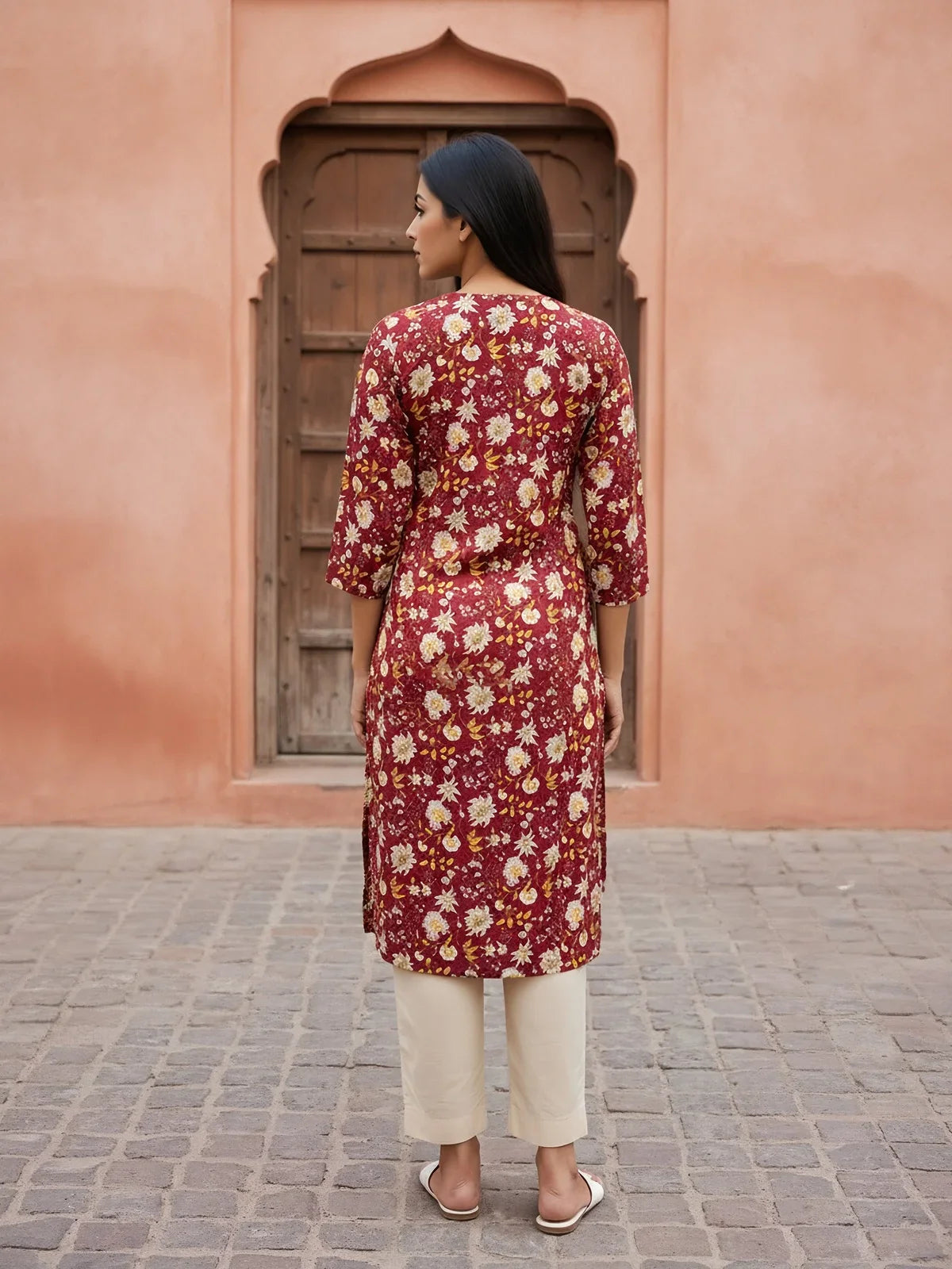 Buy Rayon Printed Straight Knee Length Kurta-Maroon